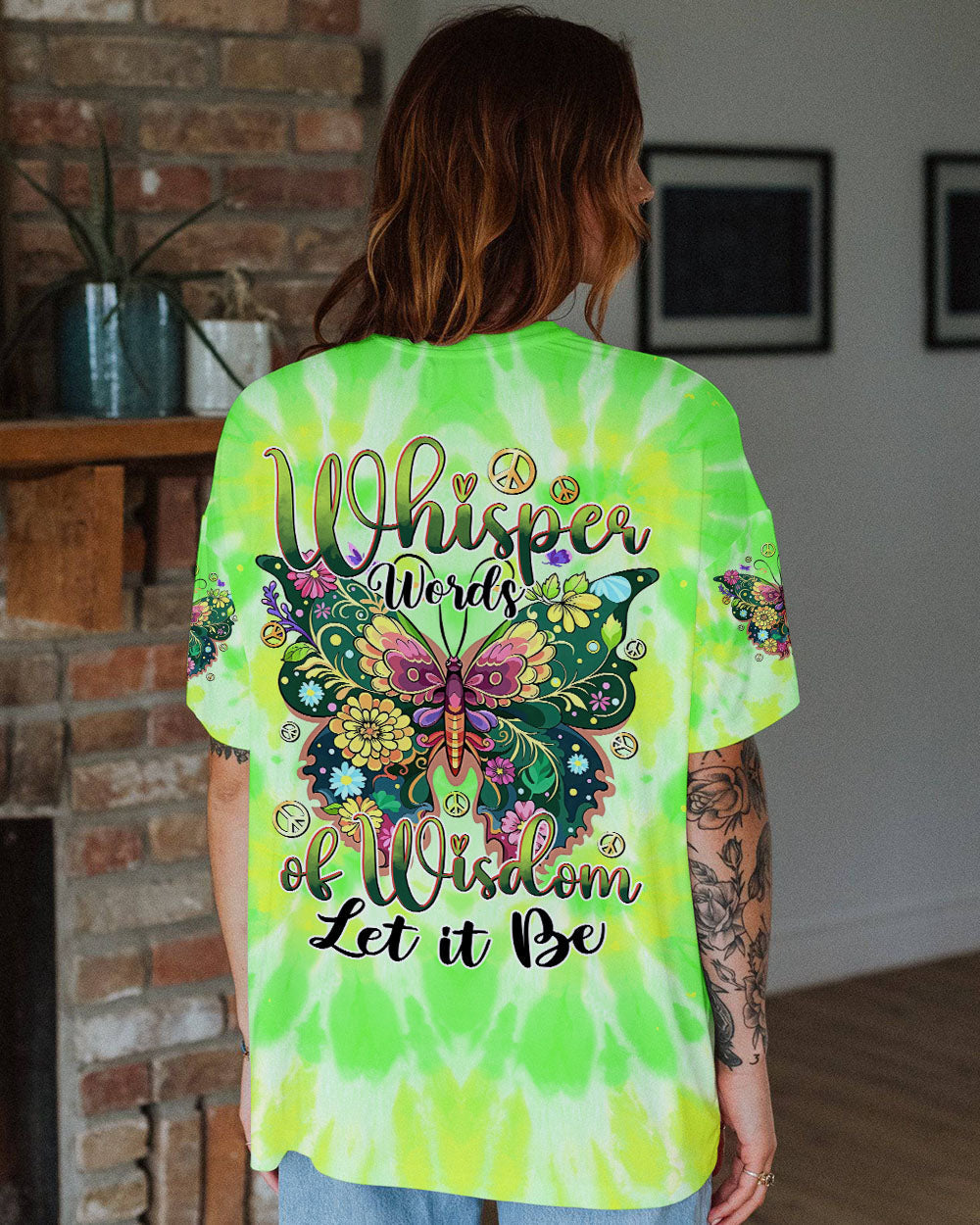 Whisper Words of Wisdom Let It Be Green Tie Dye Floral Butterfly Peace AOP Shirts _11_ wIg5l