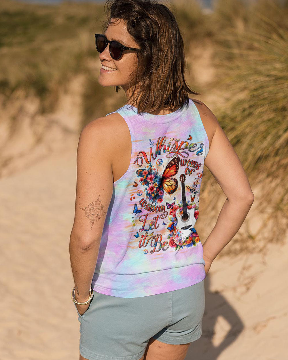 Whisper Words of Wisdom Let It Be Hippie Floral Butterfly Guitar Tie Dye AOP Shirts _13_ UTu3V