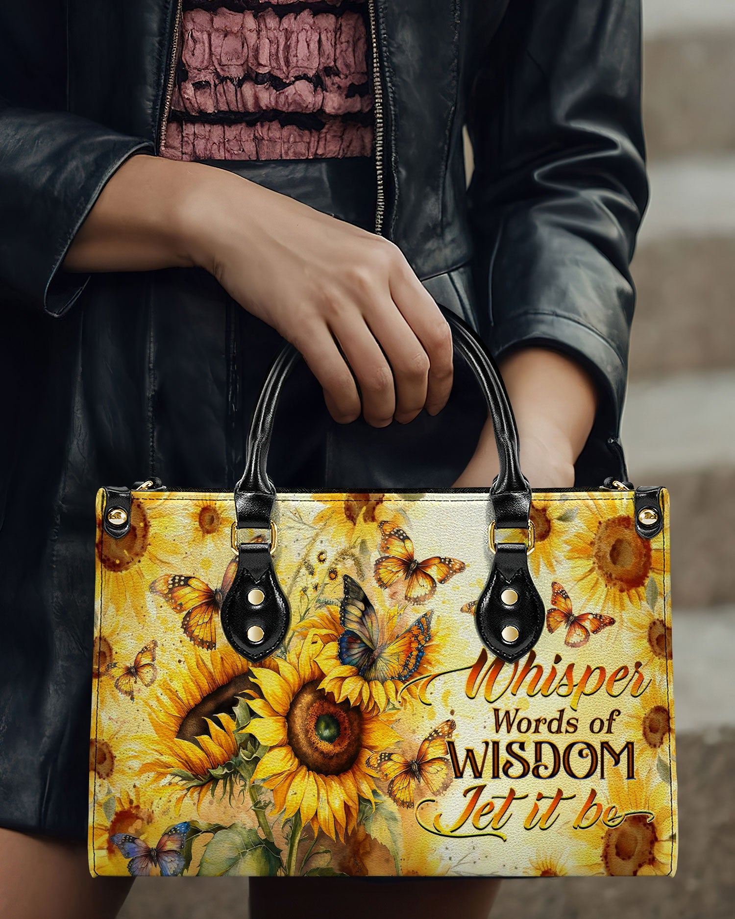 Whisper Words of Wisdom Let It Be Hippie Sunflower and Butterfly Leather Bag _6_ tWgnf