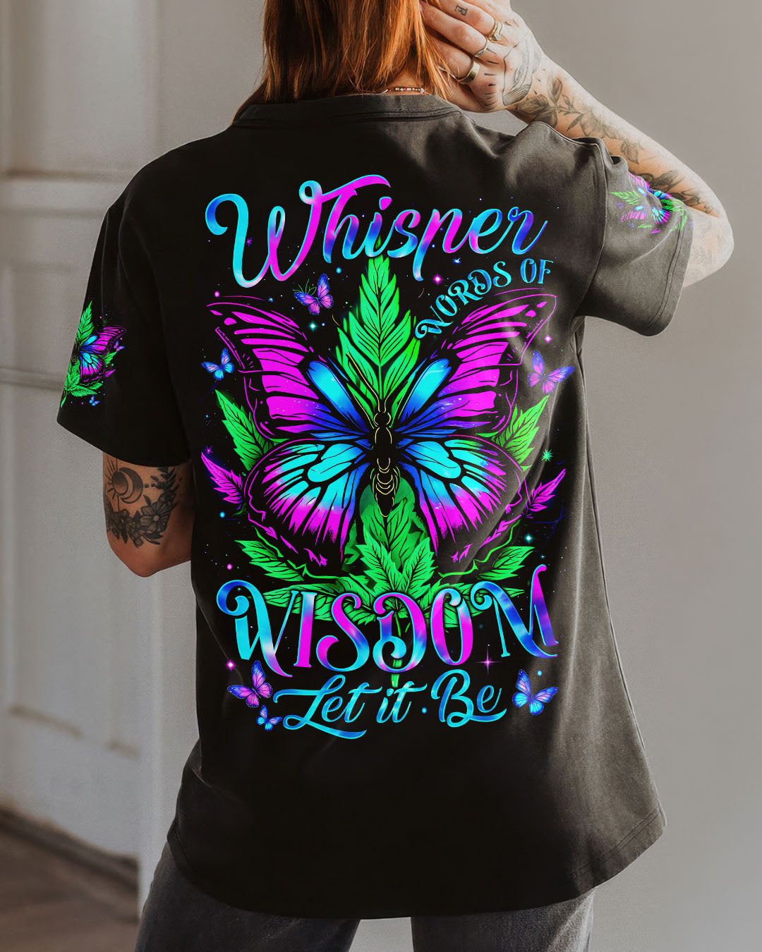 Whisper Words of Wisdom Let It Be Inspirational Butterfly and Leaf Design for Women AOP Shirts _1_ knPpS
