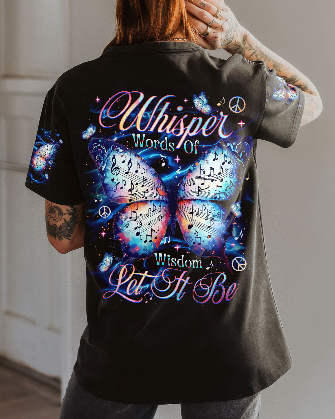 Whisper Words of Wisdom Let It Be Music Note Butterfly Inspirational Graphic AOP Shirts _1_ jsJHi