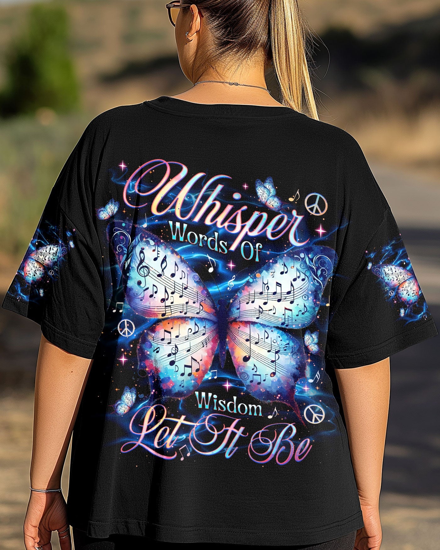 Whisper Words of Wisdom Let It Be Music Note Butterfly Inspirational Graphic AOP Shirts _3_ 8hDsL