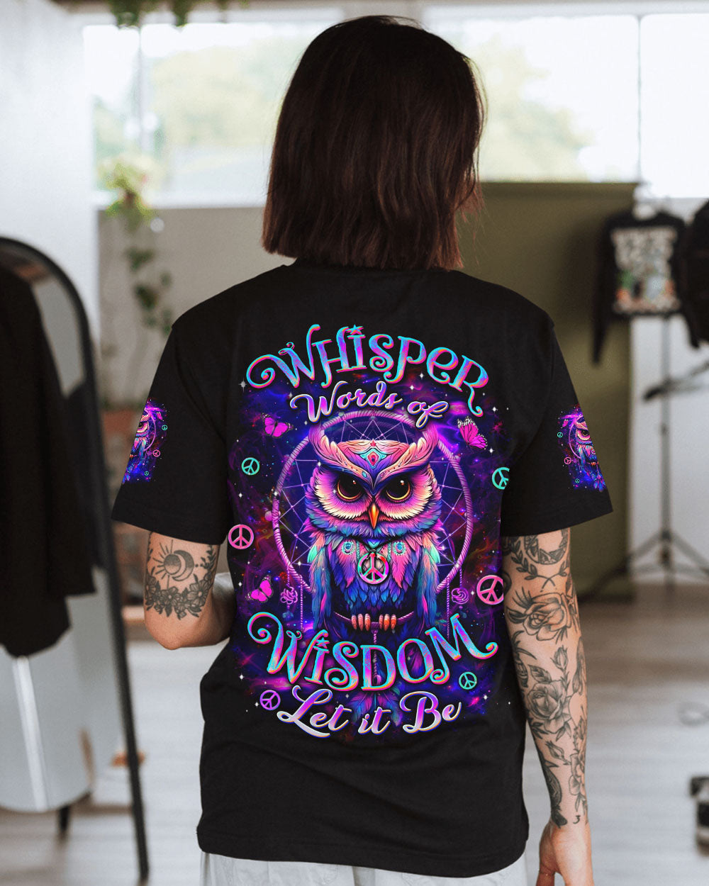 Whisper Words of Wisdom Let It Be Neon Owl Wisdom and Peace Hippie Design AOP Shirts _1_ eMc3x
