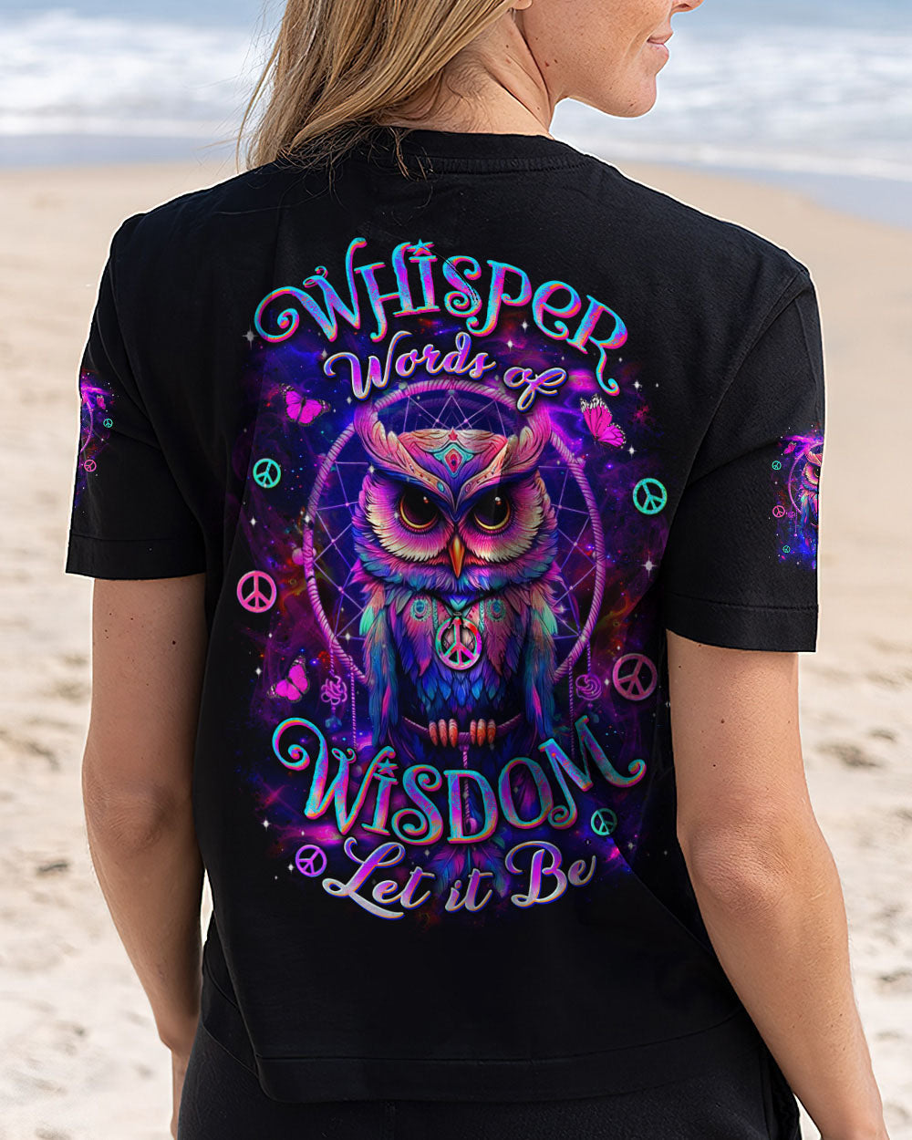 Whisper Words of Wisdom Let It Be Neon Owl Wisdom and Peace Hippie Design AOP Shirts _3_ GincN