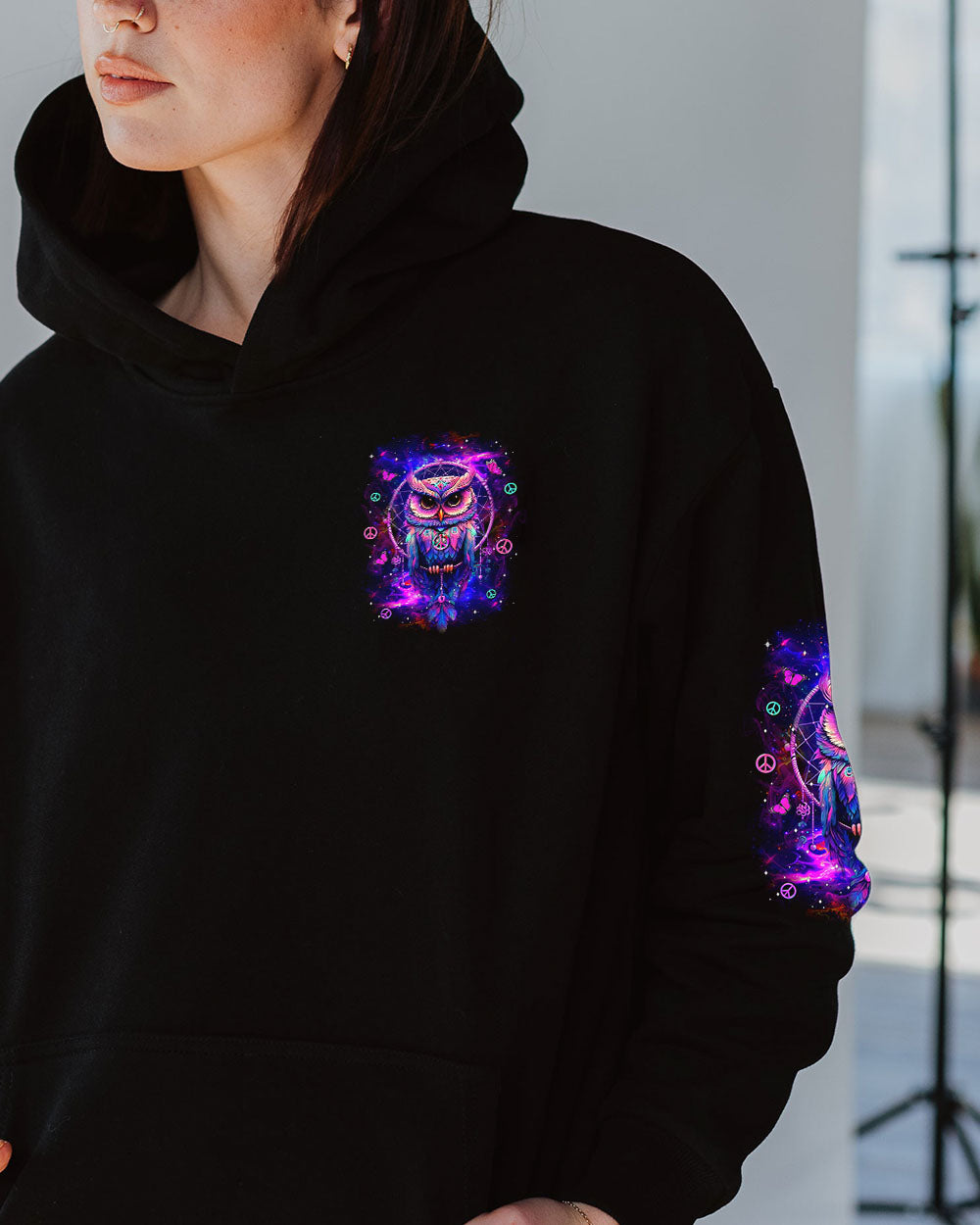 Whisper Words of Wisdom Let It Be Neon Owl Wisdom and Peace Hippie Design AOP Shirts _4_ RFYMB