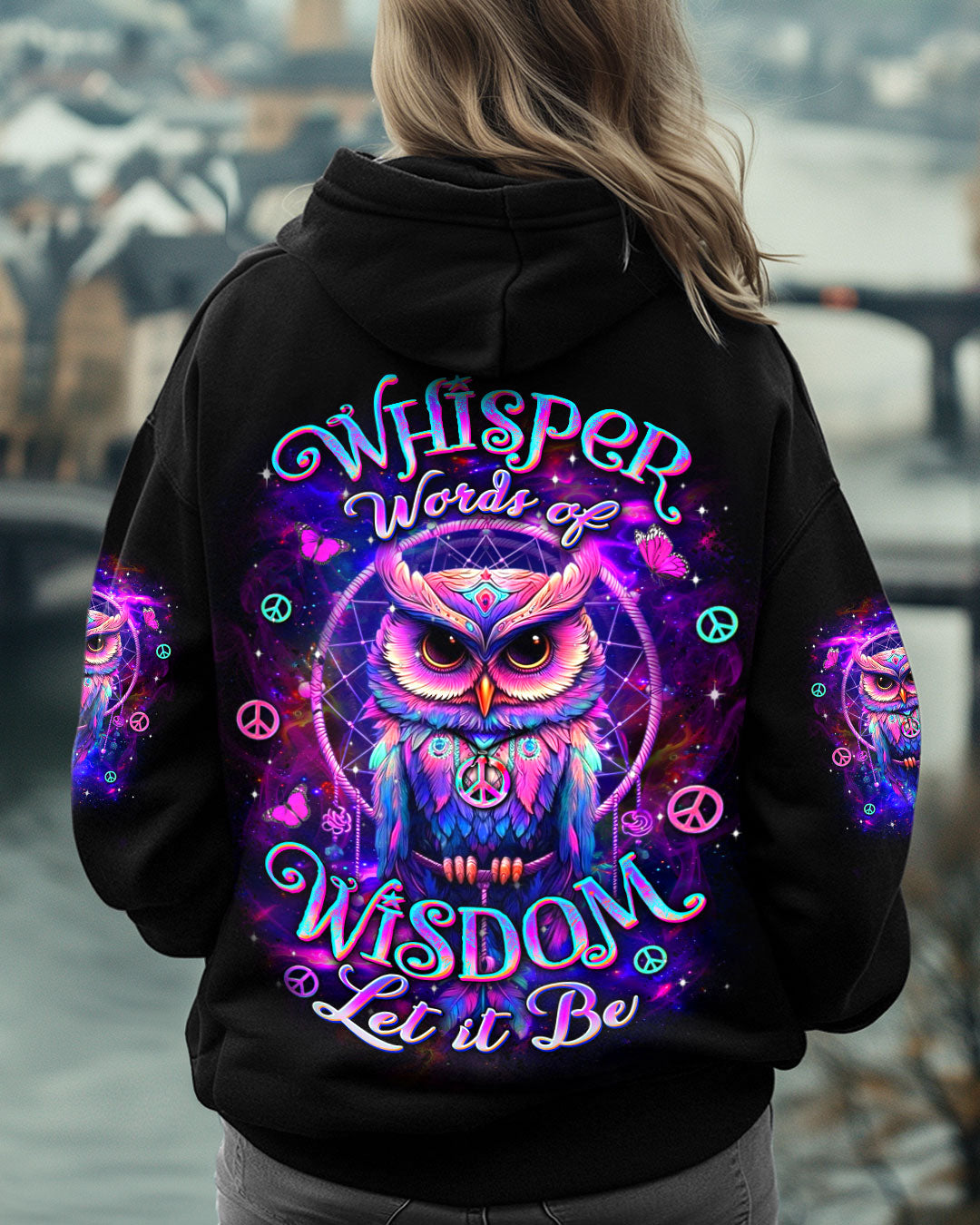 Whisper Words of Wisdom Let It Be Neon Owl Wisdom and Peace Hippie Design AOP Shirts _5_ k2GeK