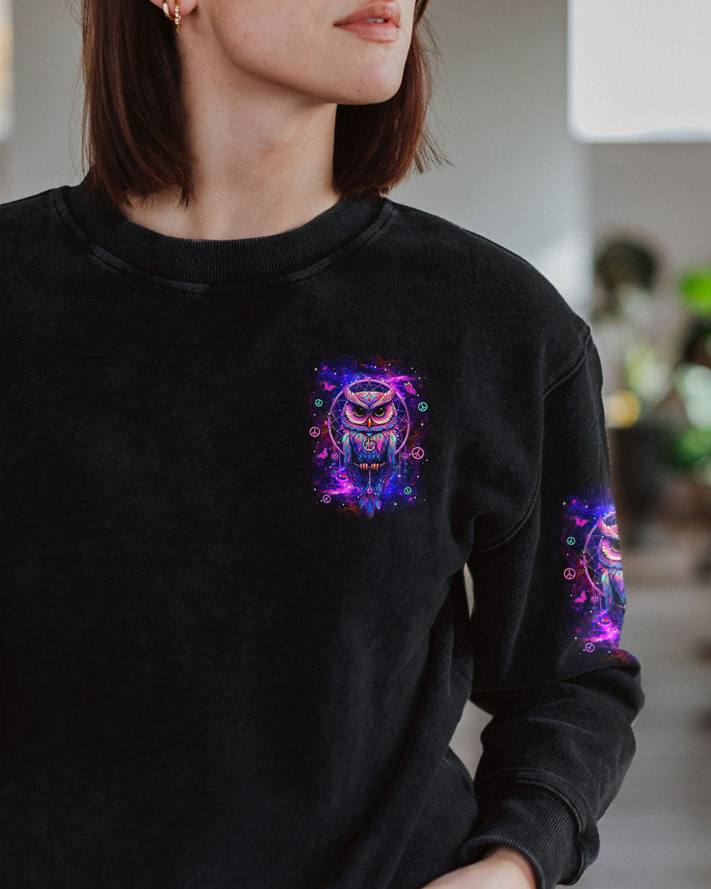 Whisper Words of Wisdom Let It Be Neon Owl Wisdom and Peace Hippie Design AOP Shirts _6_ Xh6yc