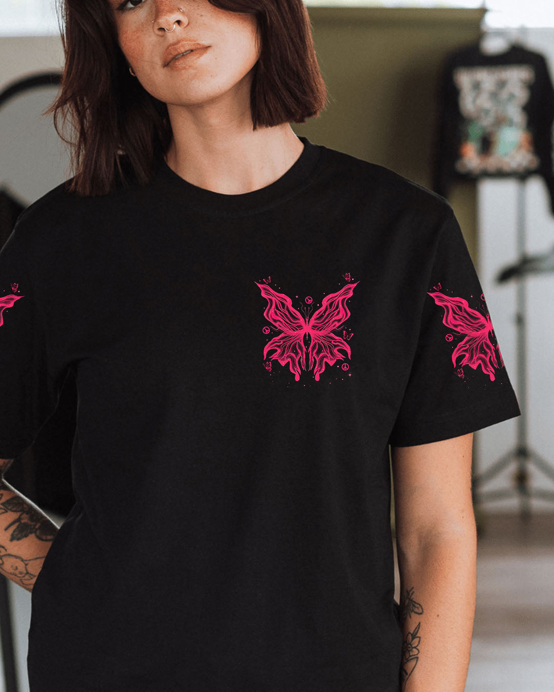 Whisper Words of Wisdom Let It Be Neon Pink Butterfly Graphic AOP Shirts _2_ lyR3S