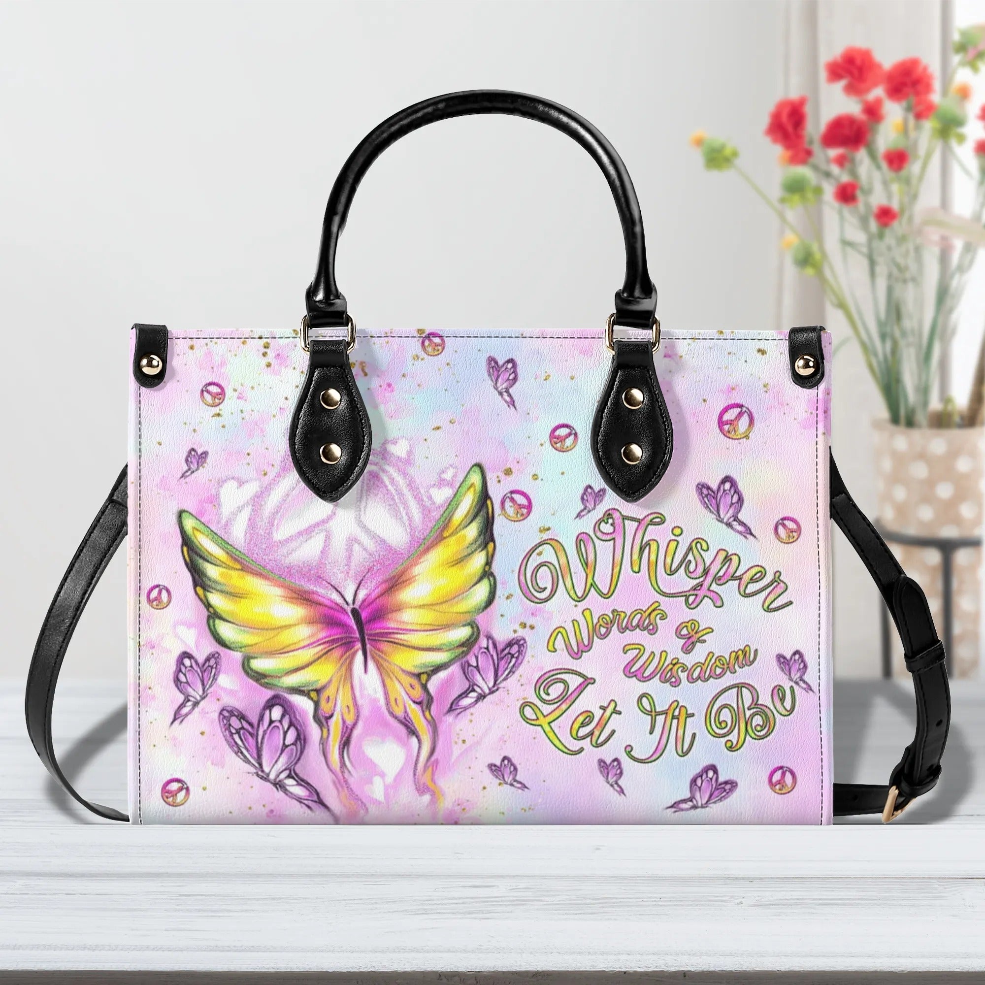 Whisper Words of Wisdom Let It Be Pastel Butterfly Peace Sign Hippie Leather Bag _4_ uGQkE