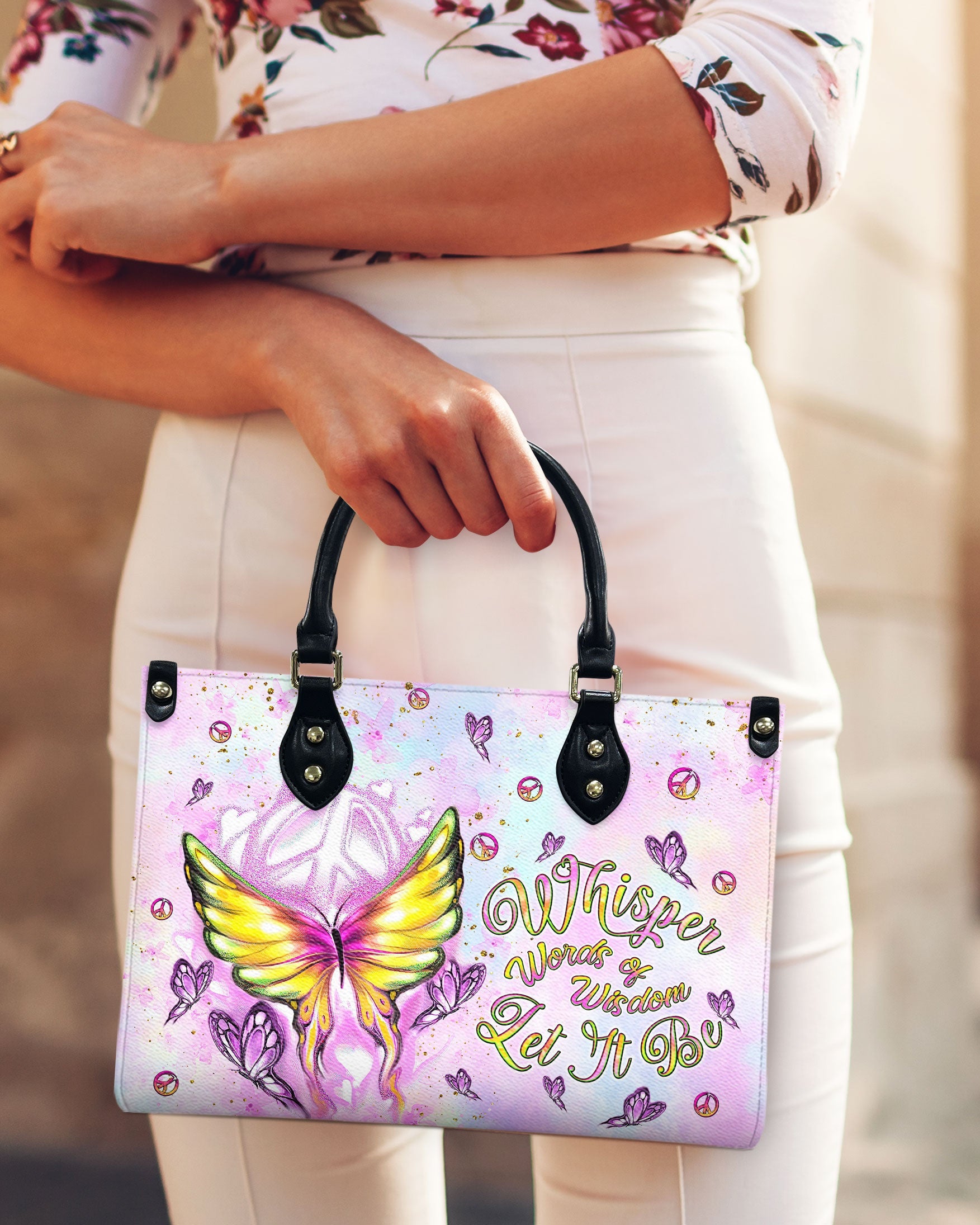 Whisper Words of Wisdom Let It Be Pastel Butterfly Peace Sign Hippie Leather Bag _7_ oVk3Y