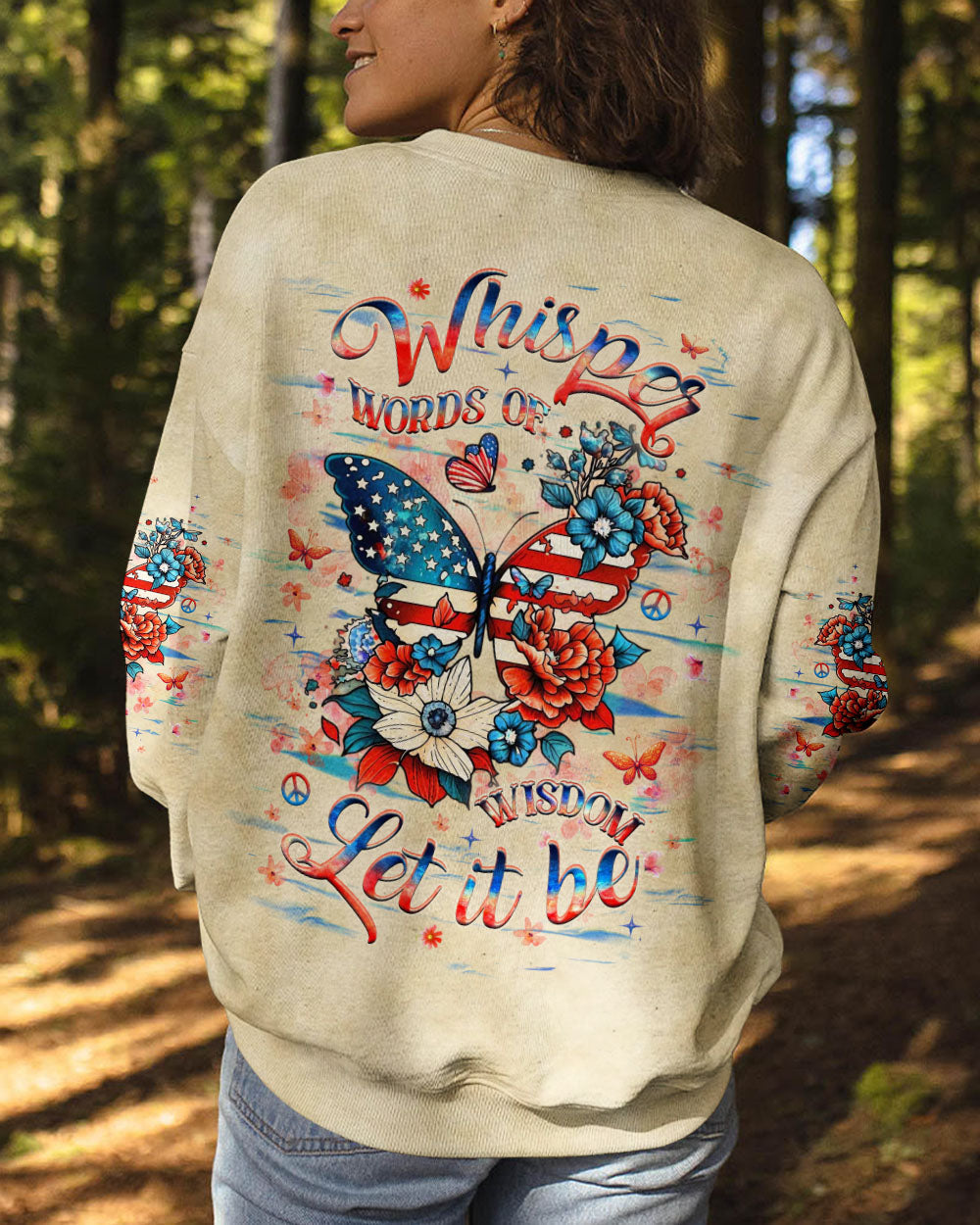 Whisper Words of Wisdom Let It Be Patriotic Butterfly and Floral Peace Sign AOP Shirts _10_ MZyOk