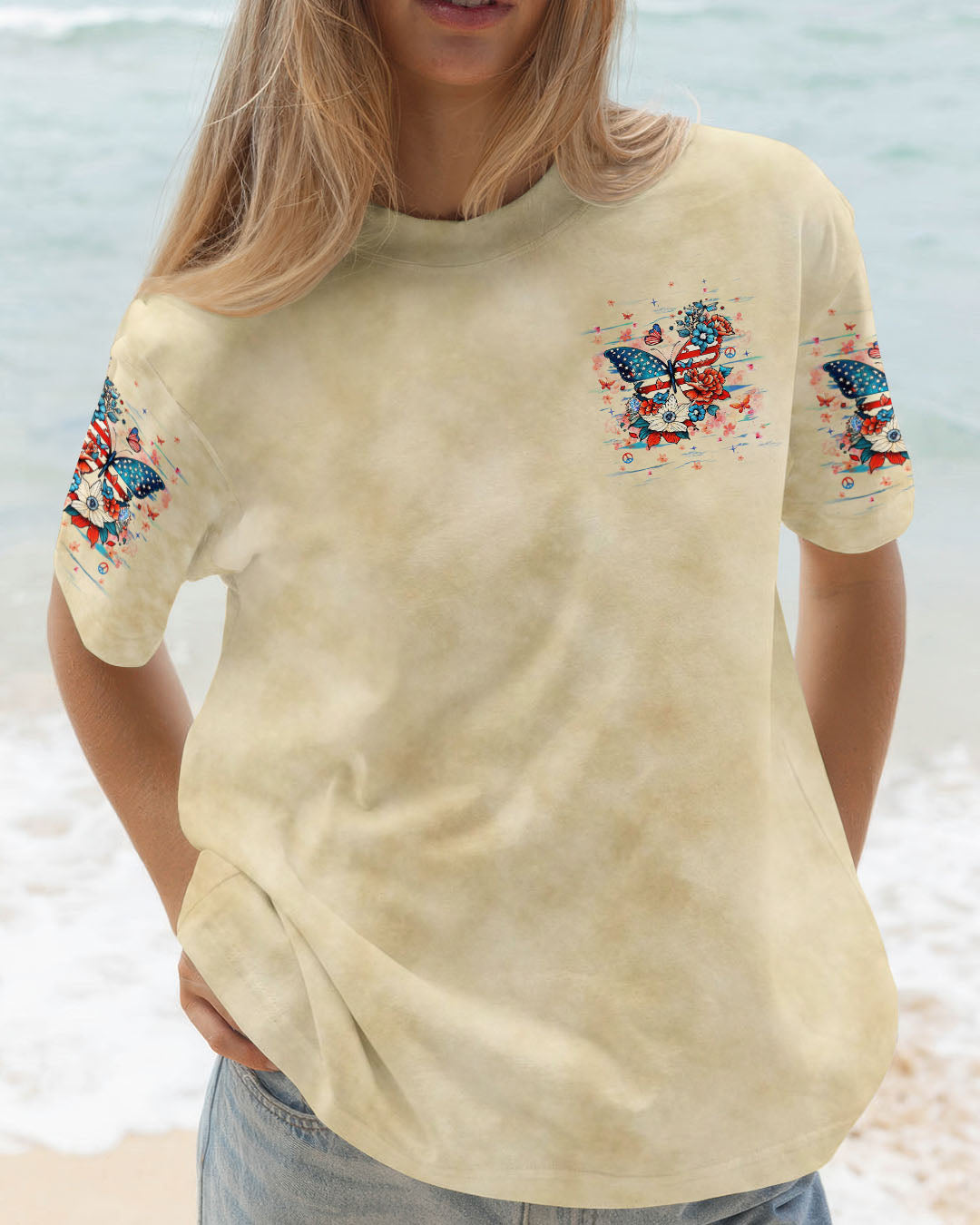 Whisper Words of Wisdom Let It Be Patriotic Butterfly and Floral Peace Sign AOP Shirts _3_ j80vC