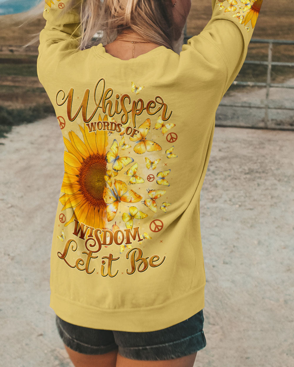 Whisper Words of Wisdom Let It Be Sunflower Butterfly Quote Pullover for Women AOP Shirts _9_ NshH5