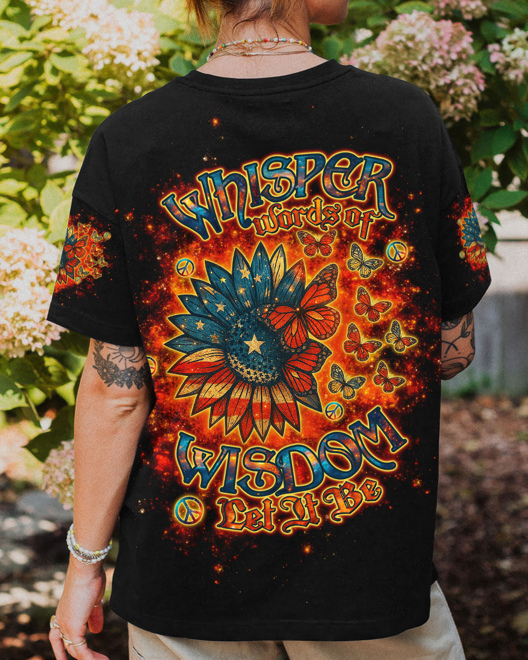 Whisper Words of Wisdom Let It Be Sunflower Retro Butterfly AOP Shirts _1_ bT2NJ
