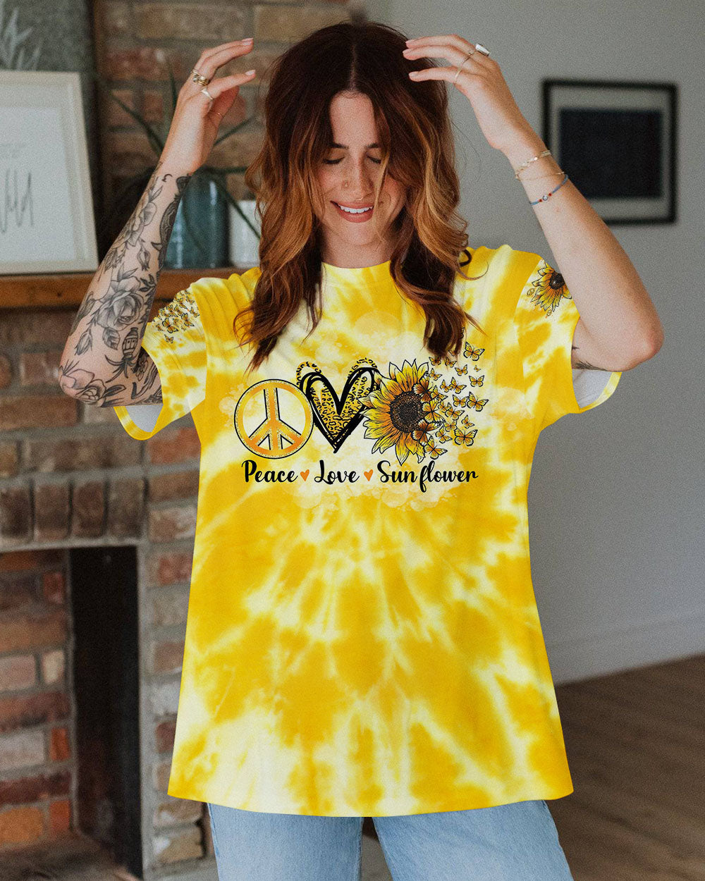 Whisper Words of Wisdom Let It Be Sunflower Tie Dye Yellow Peace Sign Graphic AOP Shirts _10_ gZalw