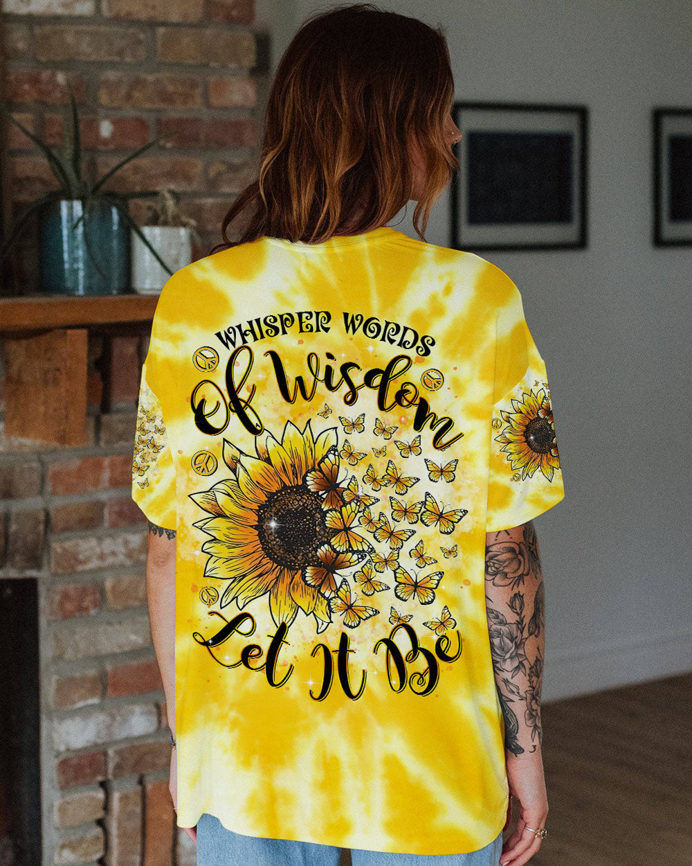 Whisper Words of Wisdom Let It Be Sunflower Tie Dye Yellow Peace Sign Graphic AOP Shirts _11_ JUkRt