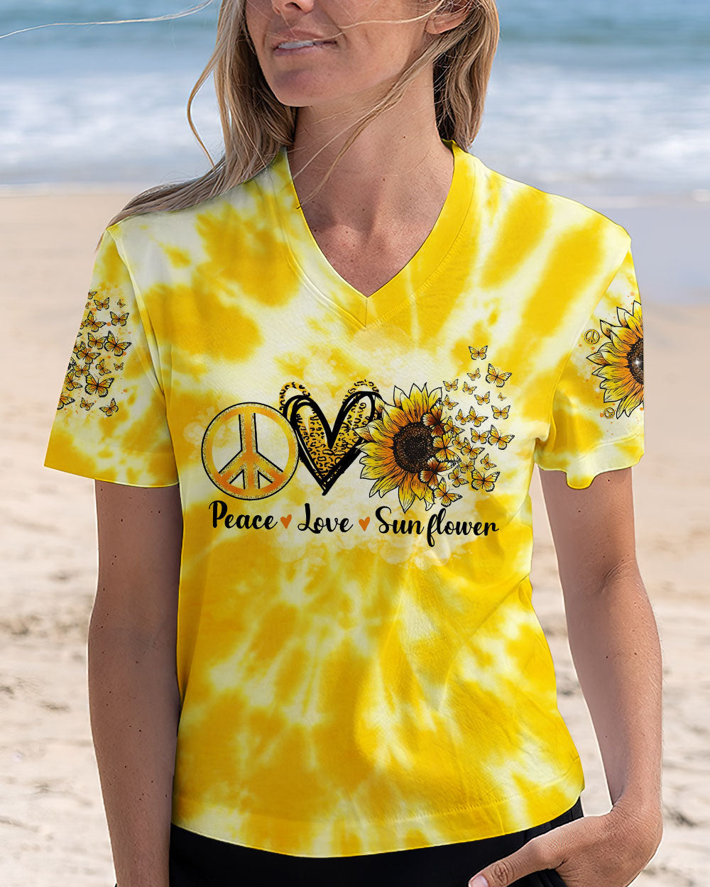 Whisper Words of Wisdom Let It Be Sunflower Tie Dye Yellow Peace Sign Graphic AOP Shirts _12_ Kxt2c