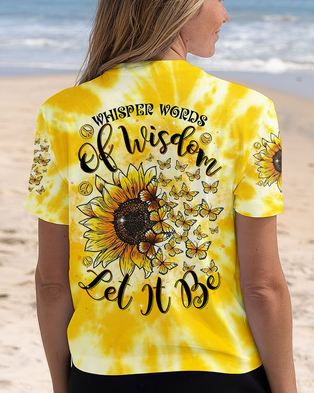 Whisper Words of Wisdom Let It Be Sunflower Tie Dye Yellow Peace Sign Graphic AOP Shirts _13_ alfXB