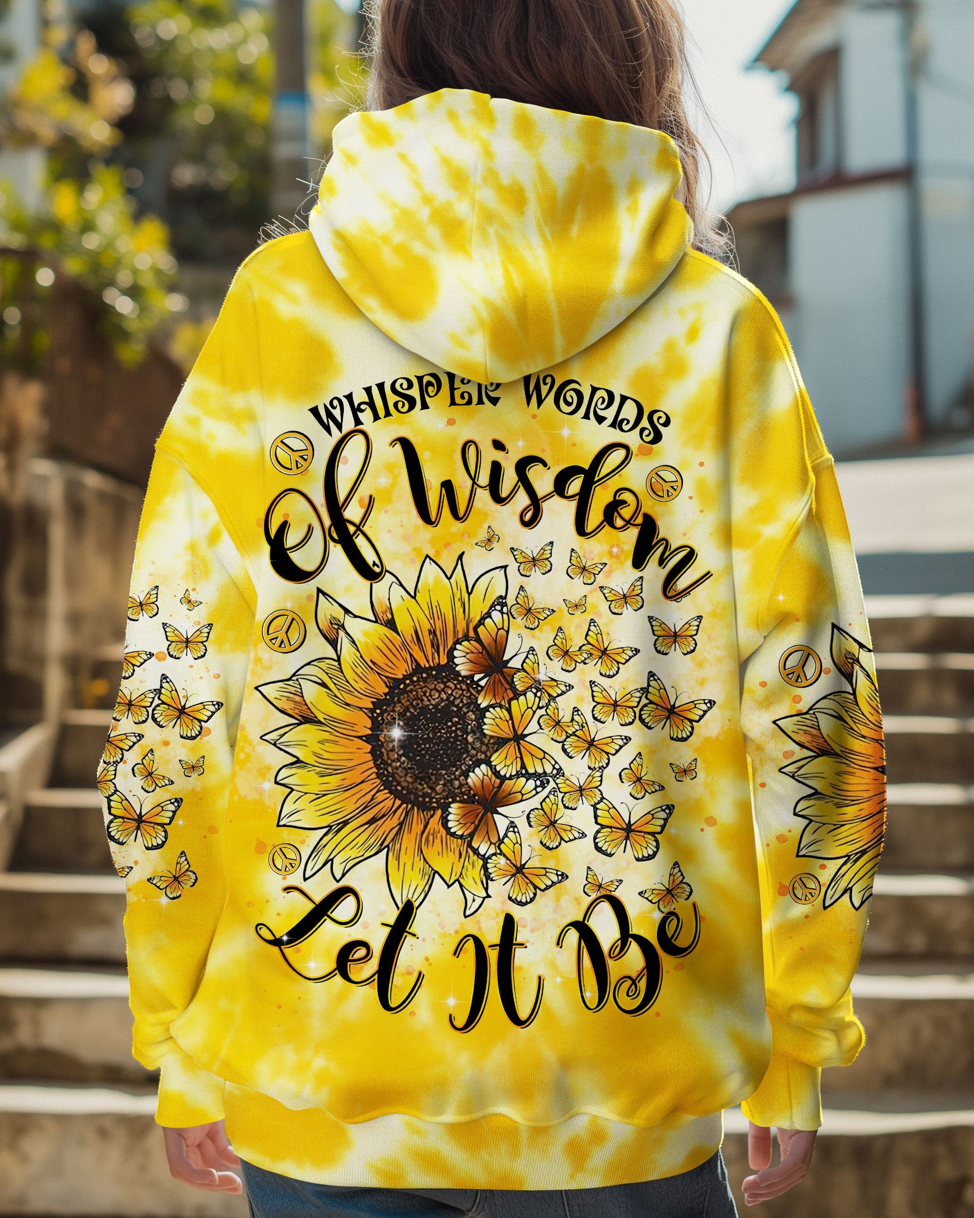 Whisper Words of Wisdom Let It Be Sunflower Tie Dye Yellow Peace Sign Graphic AOP Shirts _1_ WrXfK