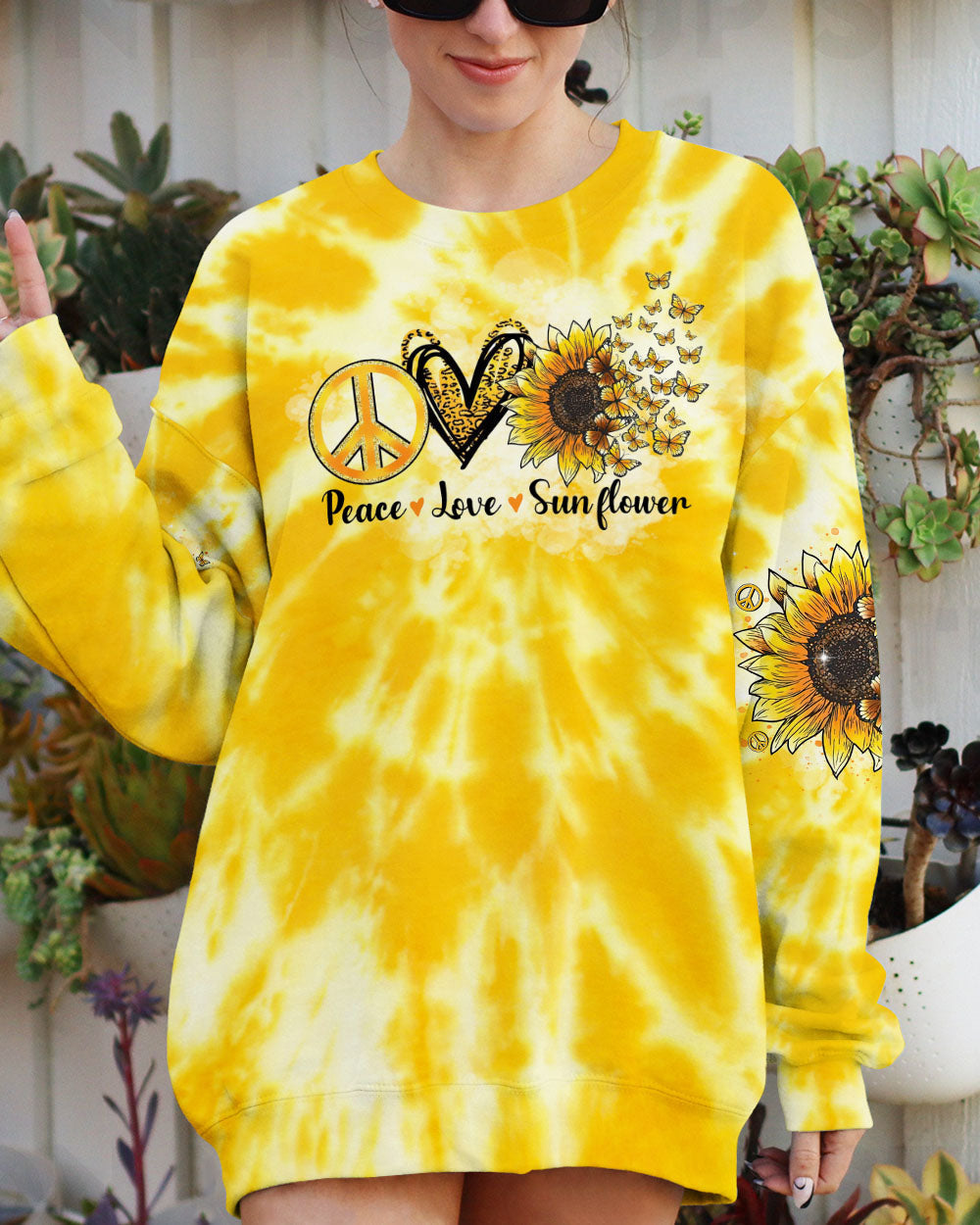 Whisper Words of Wisdom Let It Be Sunflower Tie Dye Yellow Peace Sign Graphic AOP Shirts _2_ 5MRKQ