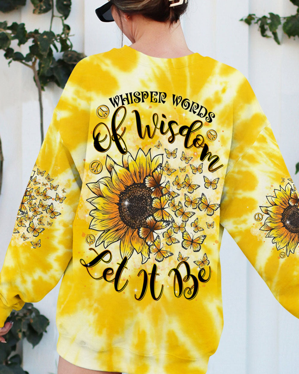 Whisper Words of Wisdom Let It Be Sunflower Tie Dye Yellow Peace Sign Graphic AOP Shirts _3_ 7slAb