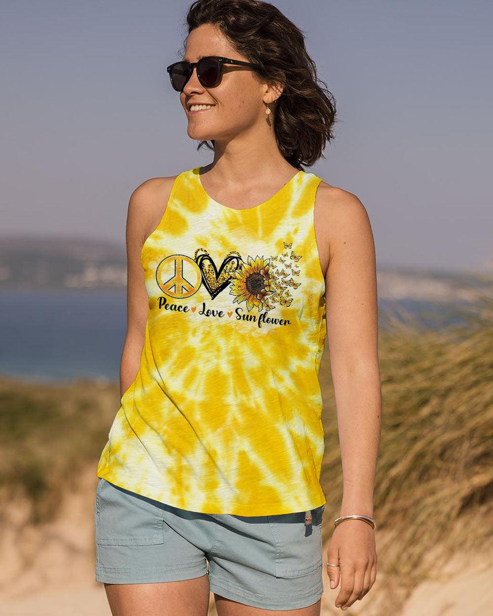 Whisper Words of Wisdom Let It Be Sunflower Tie Dye Yellow Peace Sign Graphic AOP Shirts _7_ lBzUc