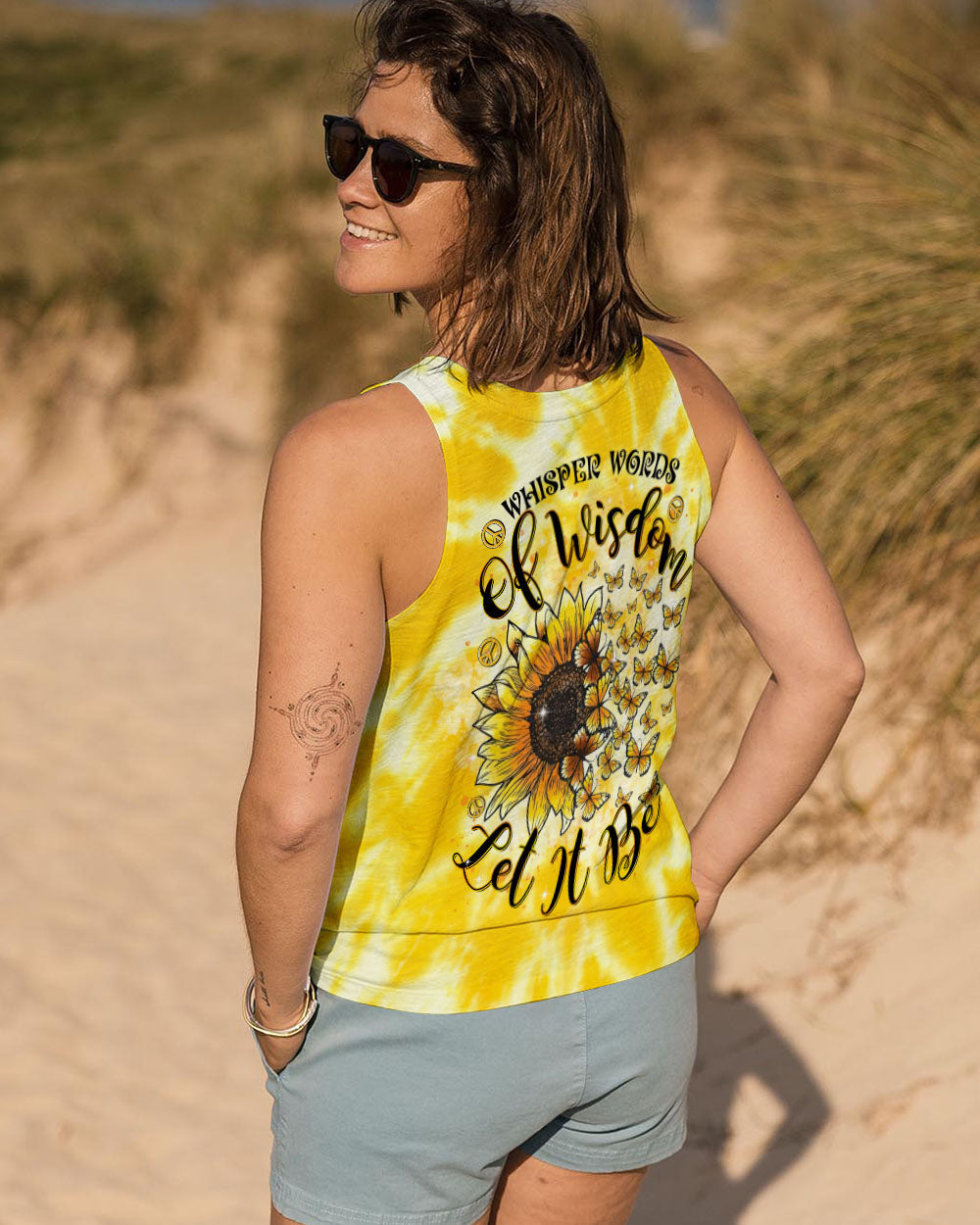 Whisper Words of Wisdom Let It Be Sunflower Tie Dye Yellow Peace Sign Graphic AOP Shirts _8_ qIYkq
