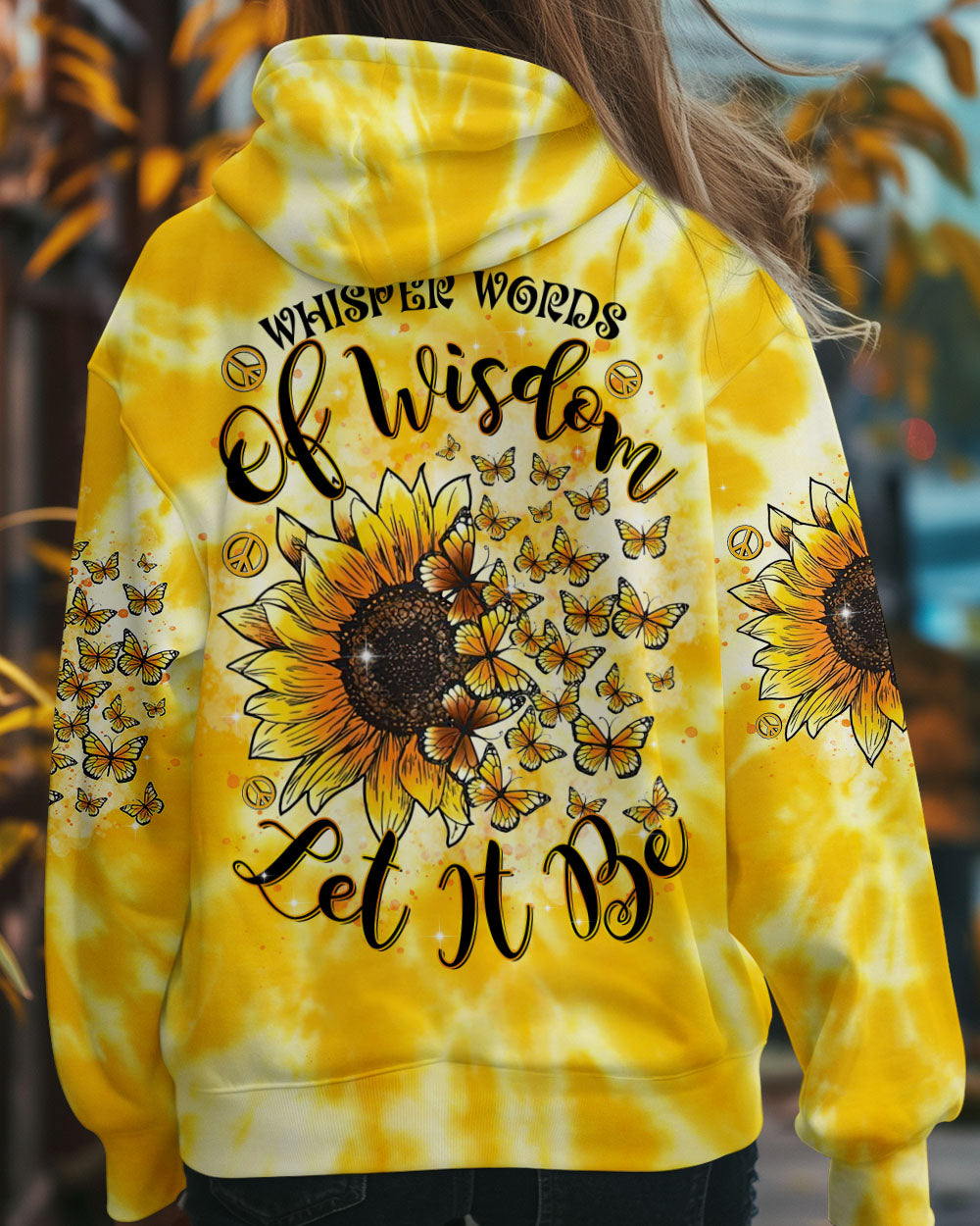 Whisper Words of Wisdom Let It Be Sunflower Tie Dye Yellow Peace Sign Graphic AOP Shirts _9_ x3P0m