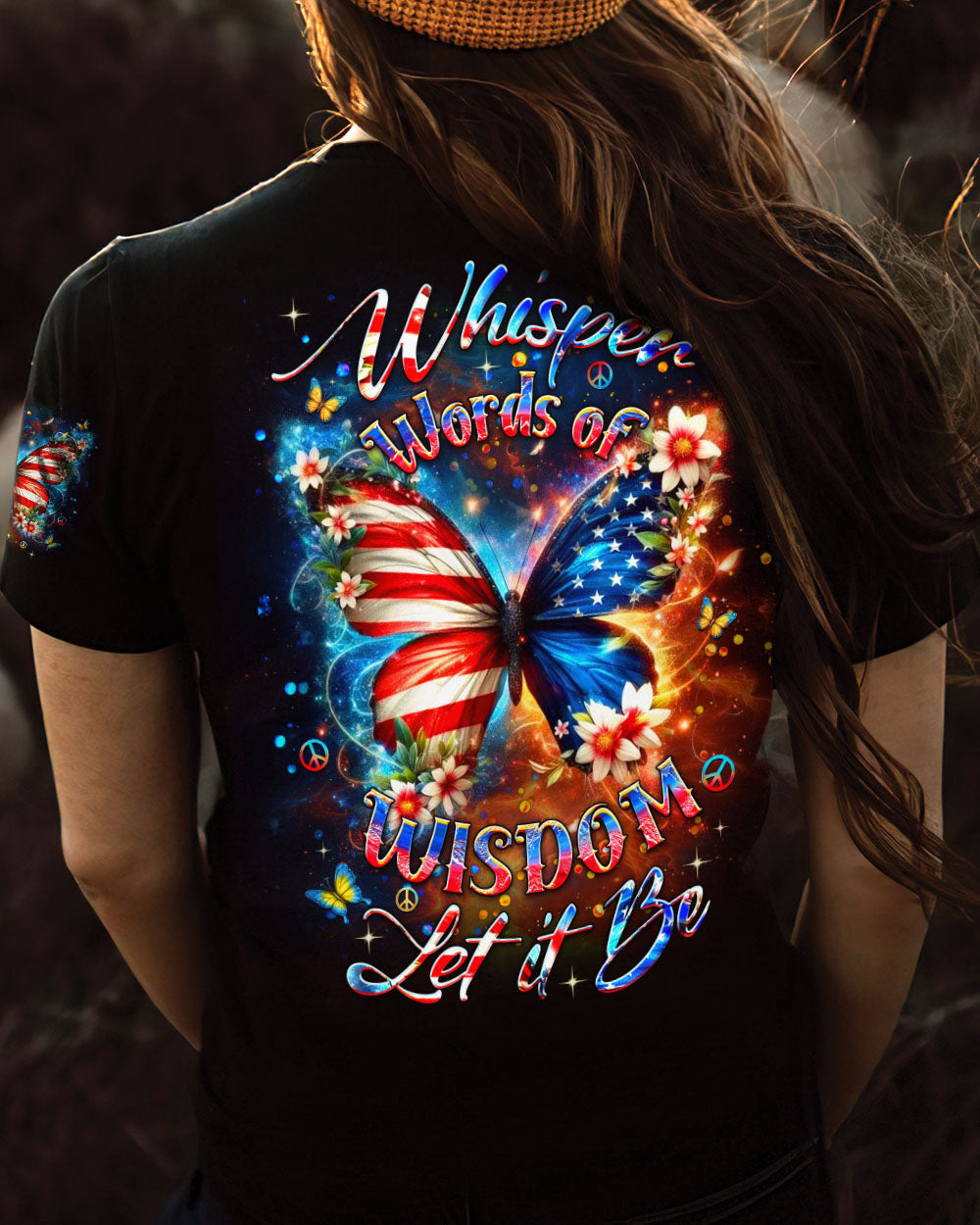 Whisper Words of Wisdom Let It Be USA Flag Butterfly Patriotic AOP Shirts _6_ ZrCNj