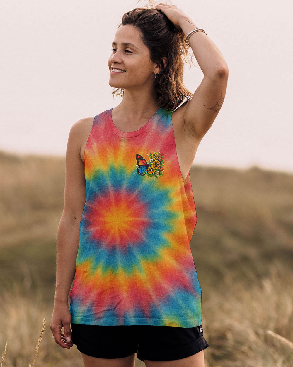 Whisper Words of Wisdom Let it Be Tie Dye Butterfly with Sunflower Peace for Hippie Women AOP Shirts _12_ ZoXZA