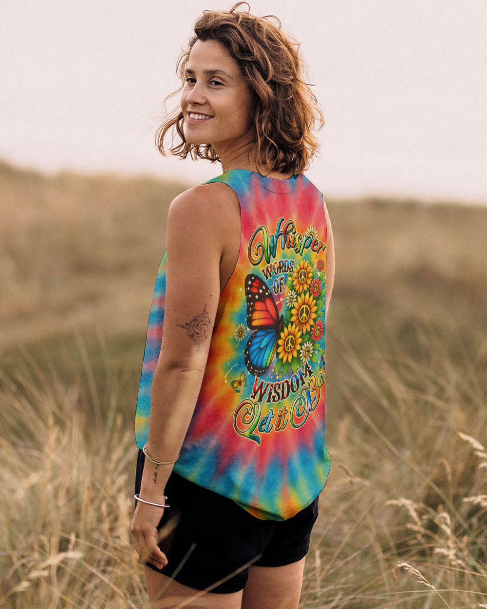 Whisper Words of Wisdom Let it Be Tie Dye Butterfly with Sunflower Peace for Hippie Women AOP Shirts _13_ kDL9q