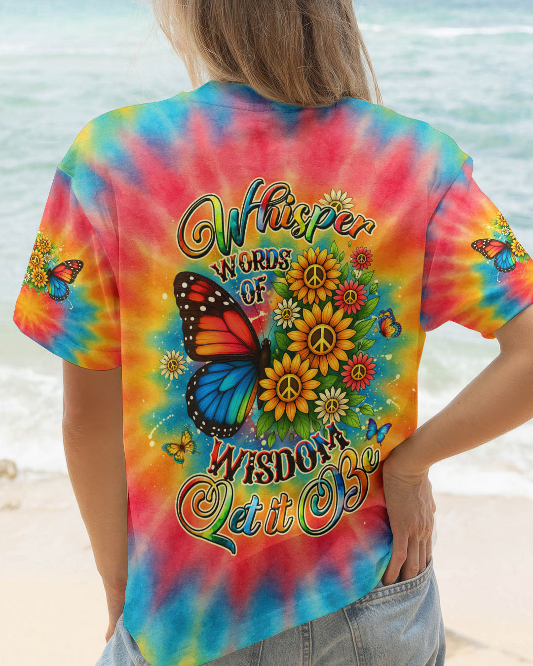 Whisper Words of Wisdom Let it Be Tie Dye Butterfly with Sunflower Peace for Hippie Women AOP Shirts _1_ wC8bz