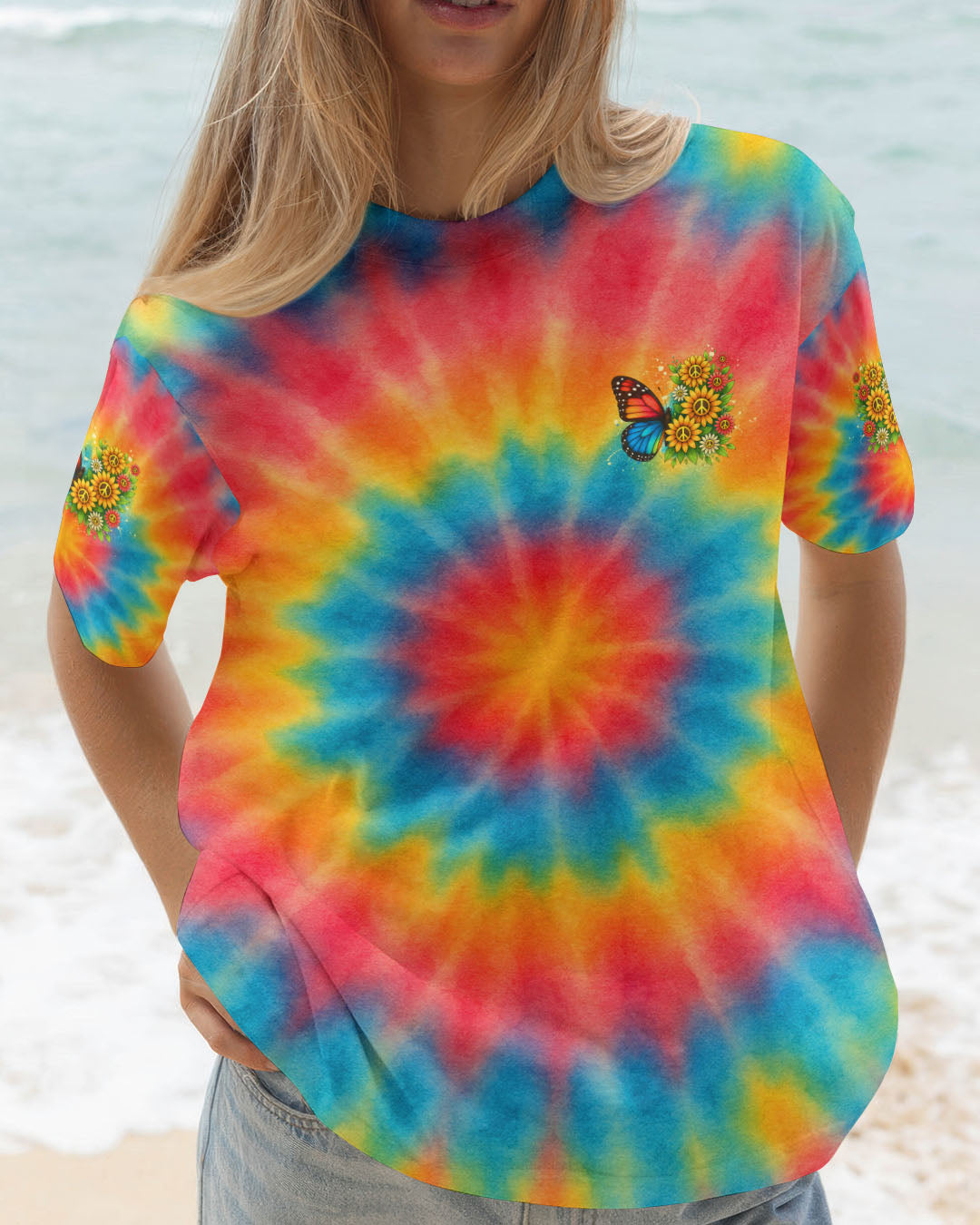 Whisper Words of Wisdom Let it Be Tie Dye Butterfly with Sunflower Peace for Hippie Women AOP Shirts _2_ rbS5r