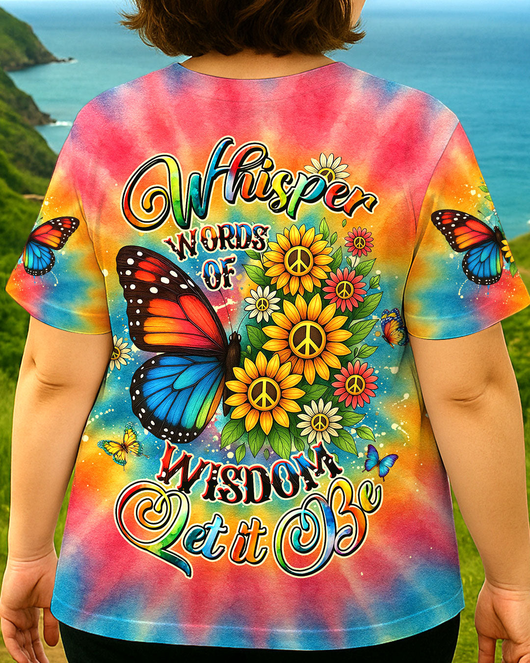 Whisper Words of Wisdom Let it Be Tie Dye Butterfly with Sunflower Peace for Hippie Women AOP Shirts _3_ WgerC