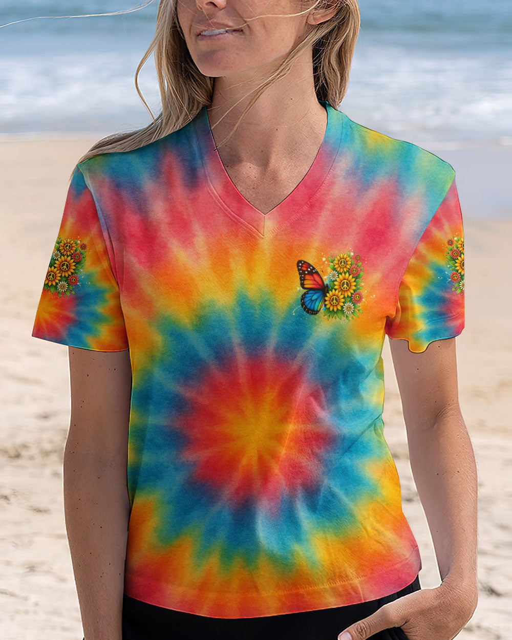 Whisper Words of Wisdom Let it Be Tie Dye Butterfly with Sunflower Peace for Hippie Women AOP Shirts _4_ itSCM