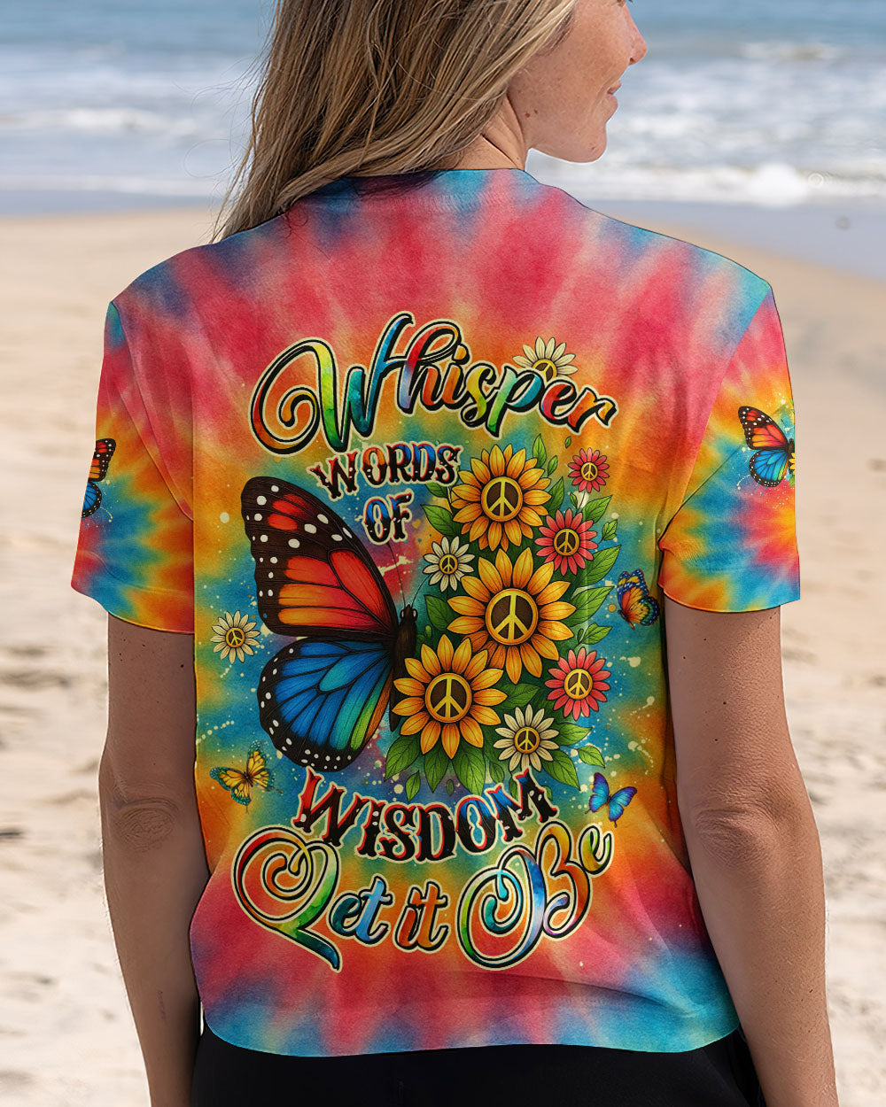 Whisper Words of Wisdom Let it Be Tie Dye Butterfly with Sunflower Peace for Hippie Women AOP Shirts _5_ A6HC4