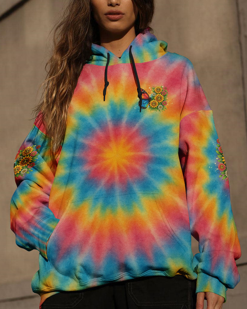 Whisper Words of Wisdom Let it Be Tie Dye Butterfly with Sunflower Peace for Hippie Women AOP Shirts _6_ pf7Ms