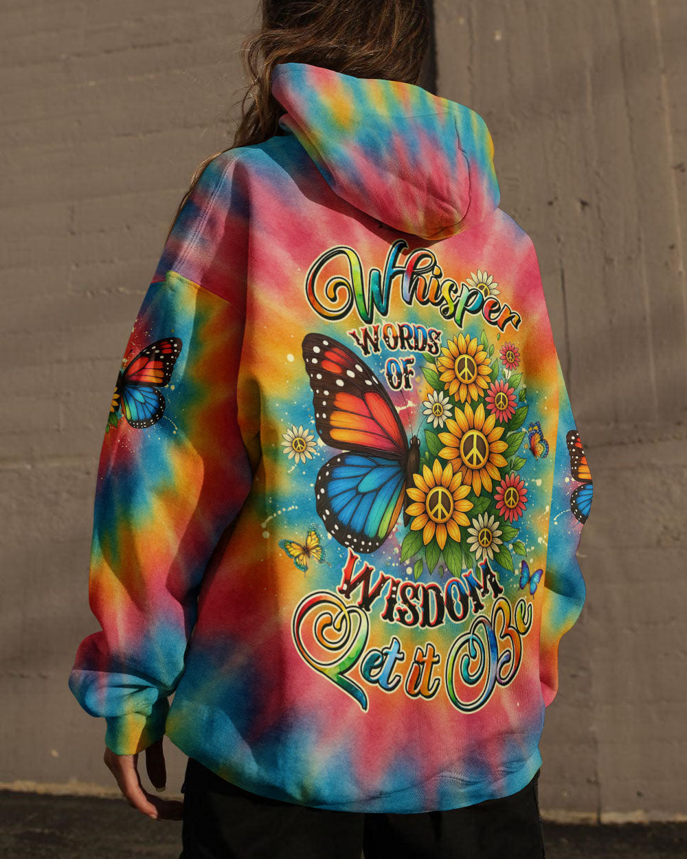 Whisper Words of Wisdom Let it Be Tie Dye Butterfly with Sunflower Peace for Hippie Women AOP Shirts _7_ i3sJC