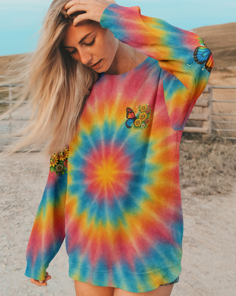 Whisper Words of Wisdom Let it Be Tie Dye Butterfly with Sunflower Peace for Hippie Women AOP Shirts _8_ jqzl7