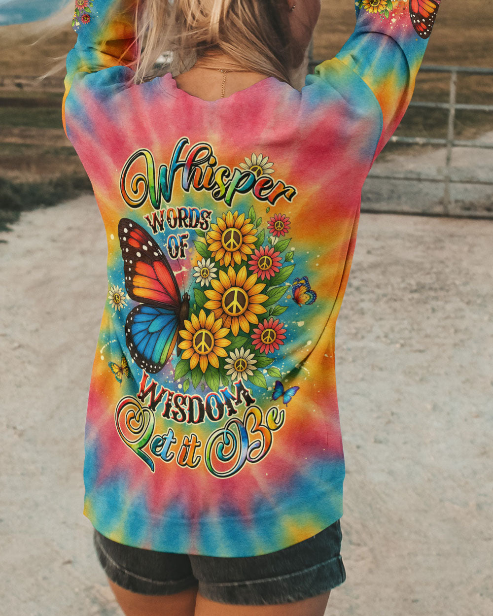 Whisper Words of Wisdom Let it Be Tie Dye Butterfly with Sunflower Peace for Hippie Women AOP Shirts _9_ aDy1I