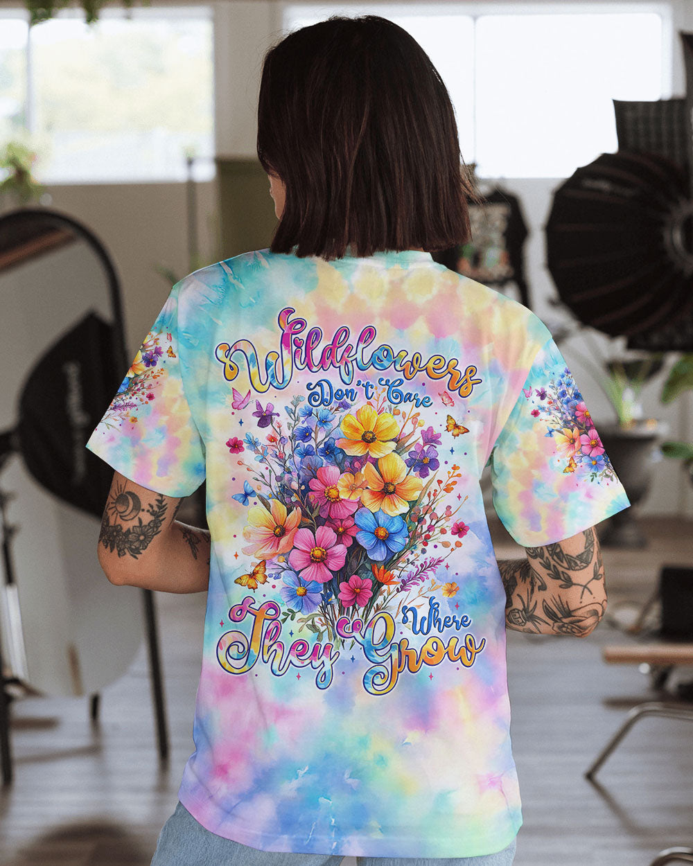 Wildflowers Dont Care Where They Grow Colorful Floral Tie Dye Pullover for Women AOP Shirts _10_ qdxzC