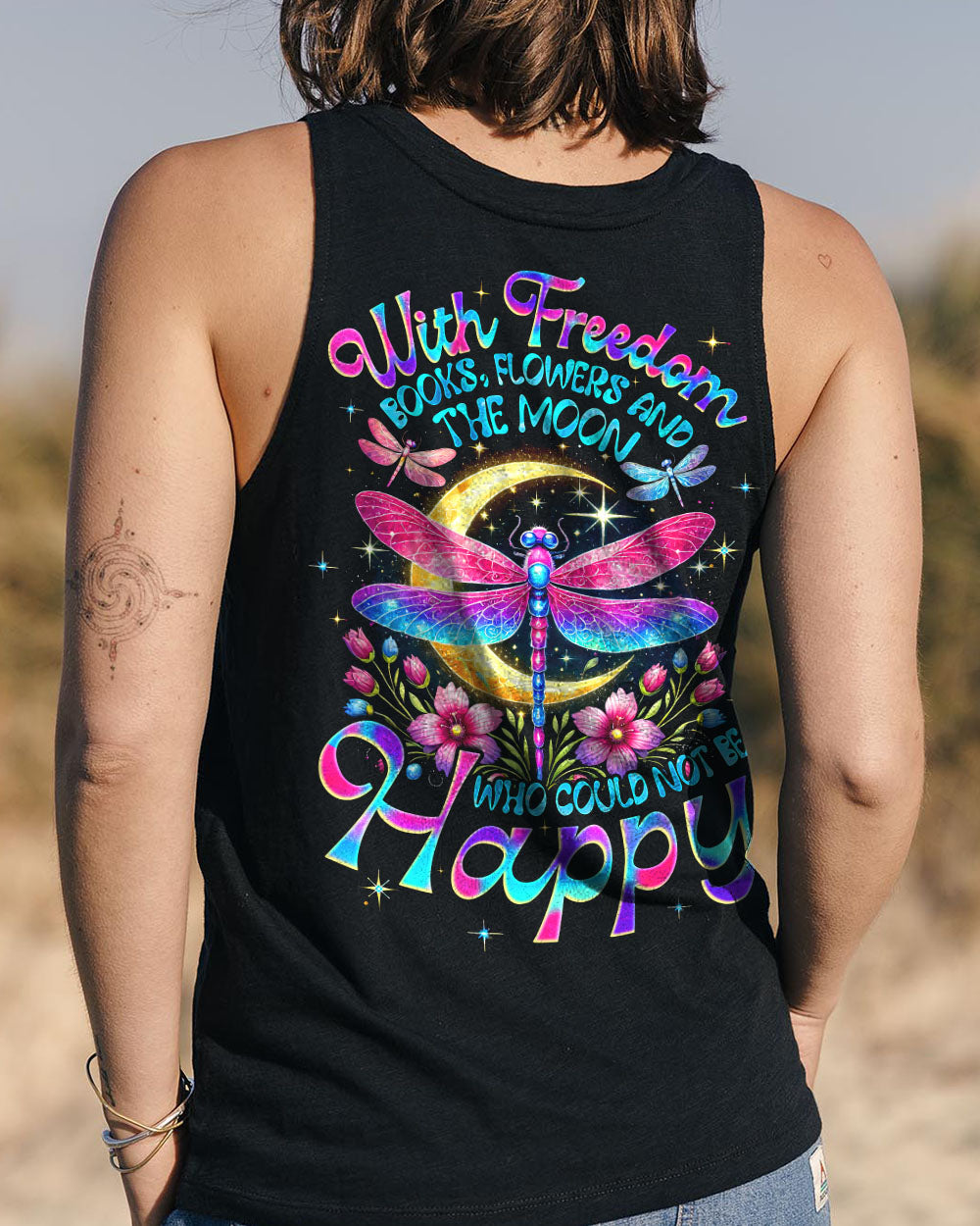 With Freedom Books Flowers and the Moon Colorful Dragonfly Happy Quote AOP Shirts _11_ KgZRv