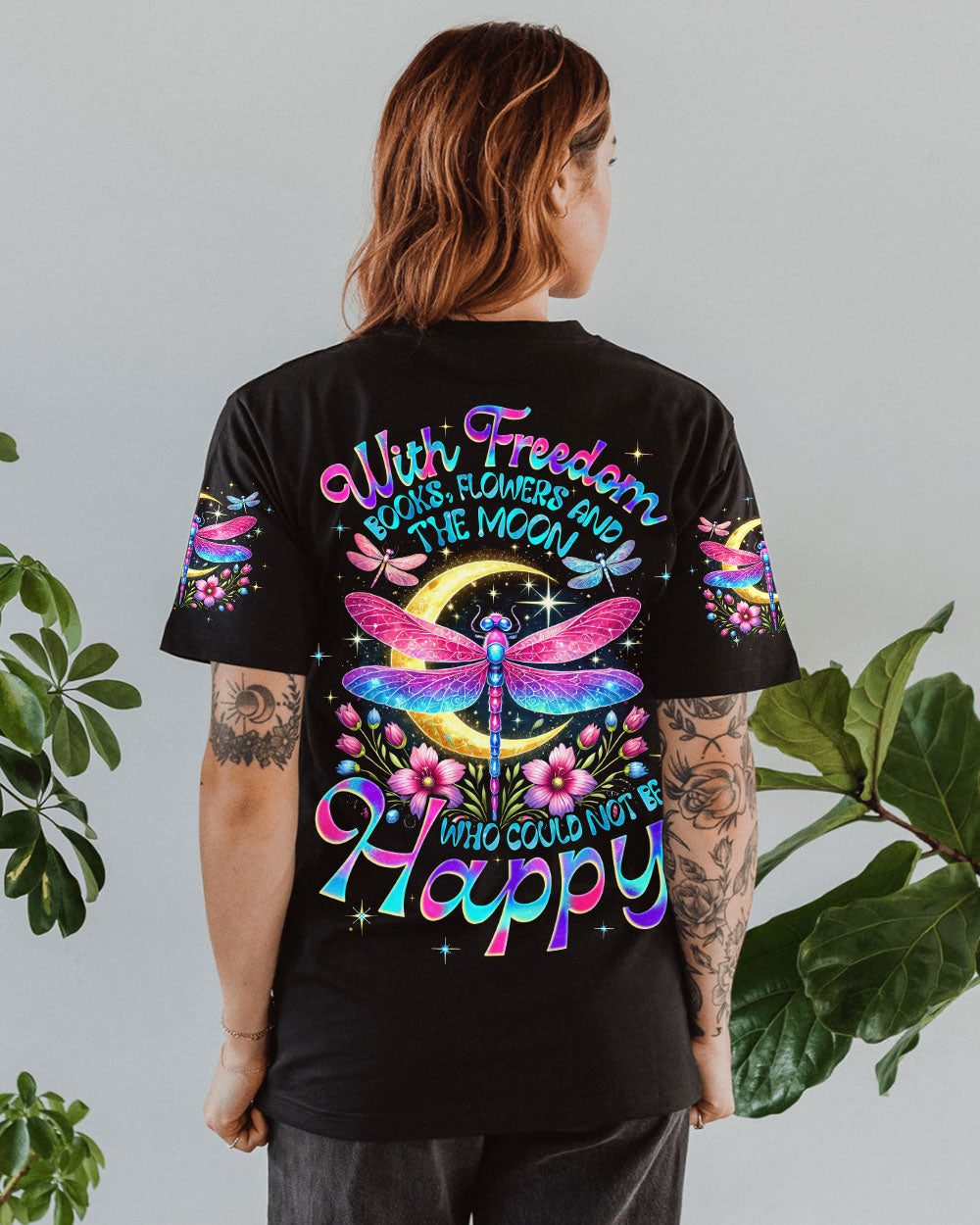 With Freedom Books Flowers and the Moon Colorful Dragonfly Happy Quote AOP Shirts _12_ fV9dQ
