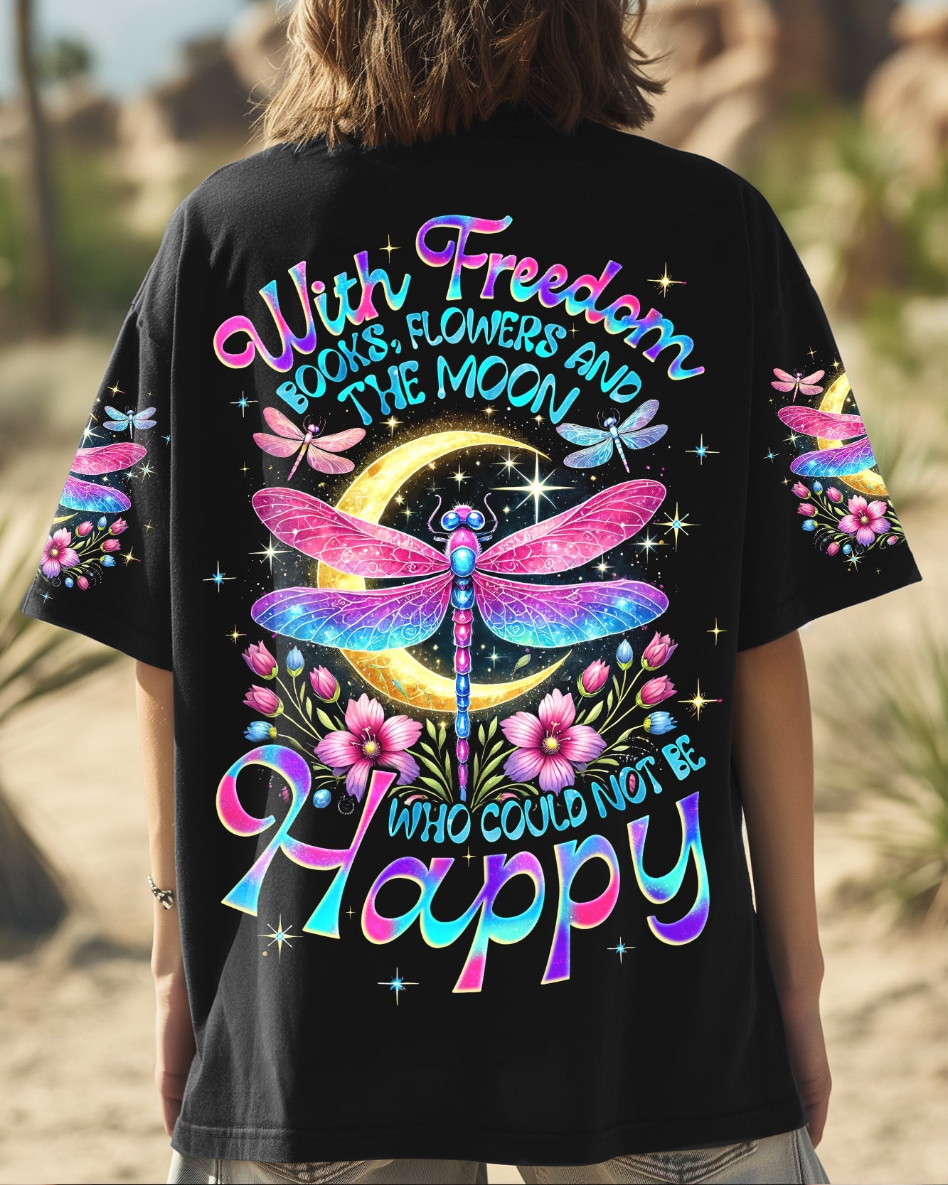 With Freedom Books Flowers and the Moon Colorful Dragonfly Happy Quote AOP Shirts _1_ O3eoN