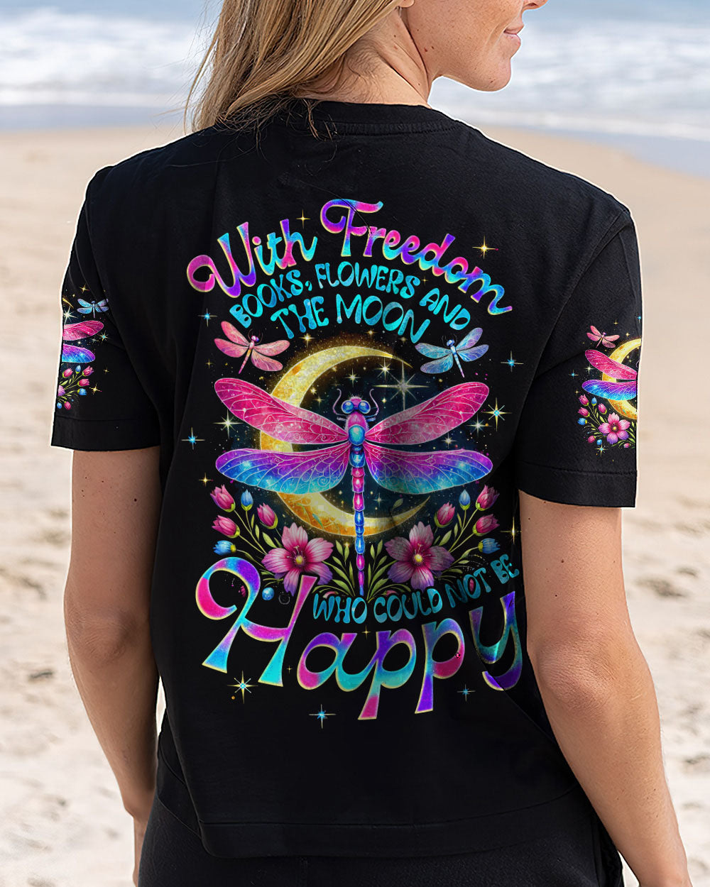 With Freedom Books Flowers and the Moon Colorful Dragonfly Happy Quote AOP Shirts _3_ nwv4F