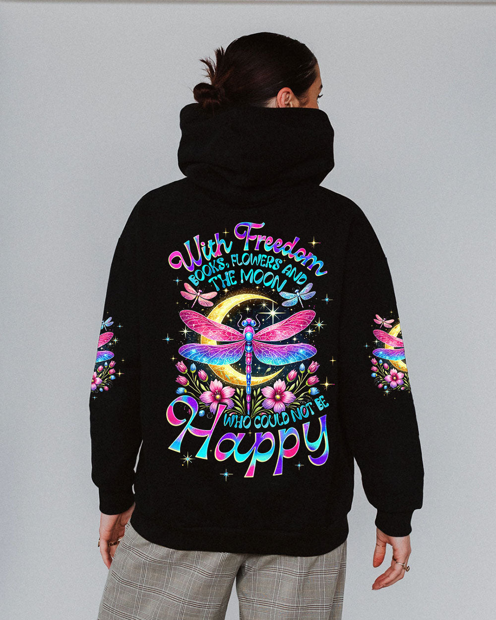 With Freedom Books Flowers and the Moon Colorful Dragonfly Happy Quote AOP Shirts _5_ q3hXI