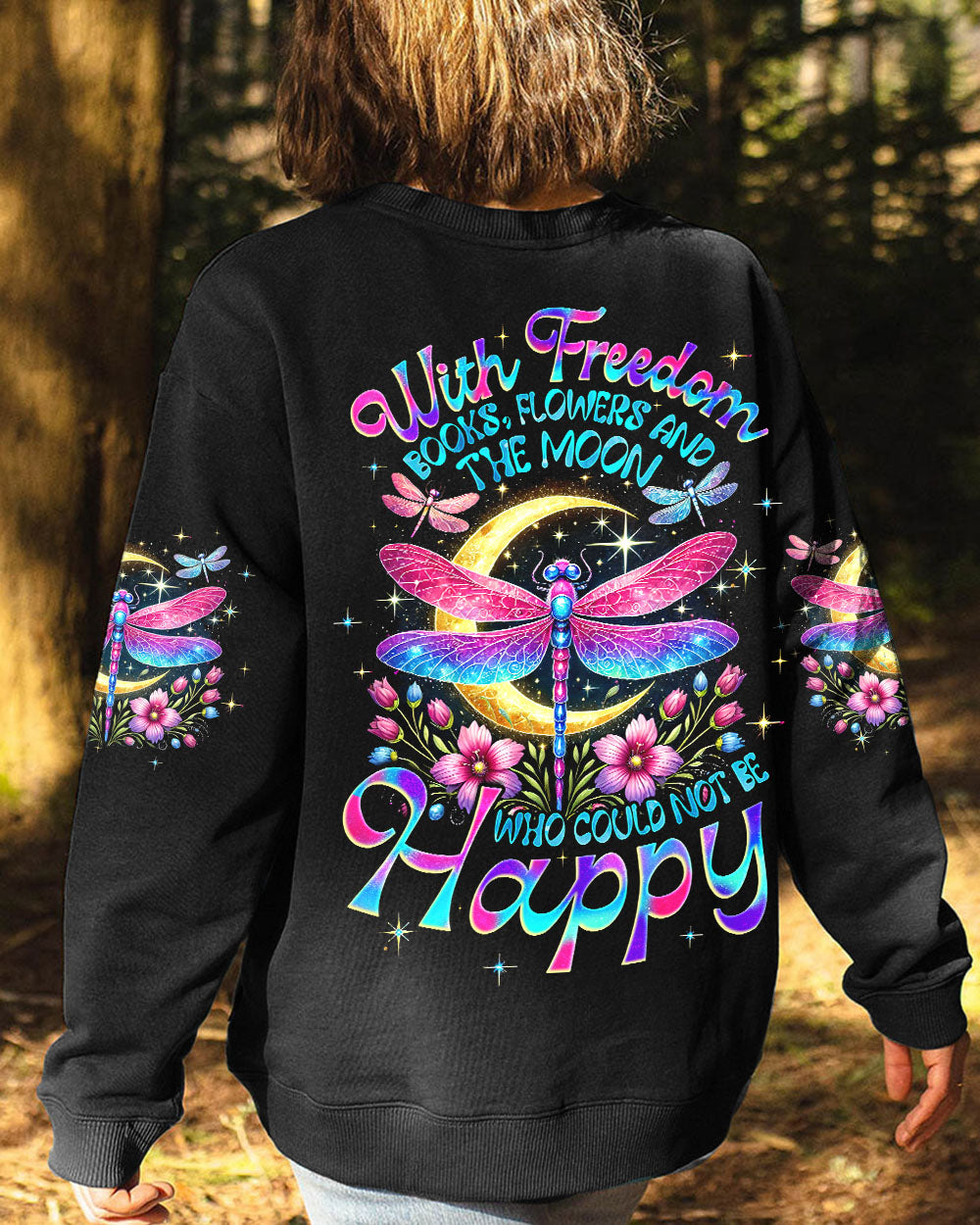 With Freedom Books Flowers and the Moon Colorful Dragonfly Happy Quote AOP Shirts _7_ hjyRE