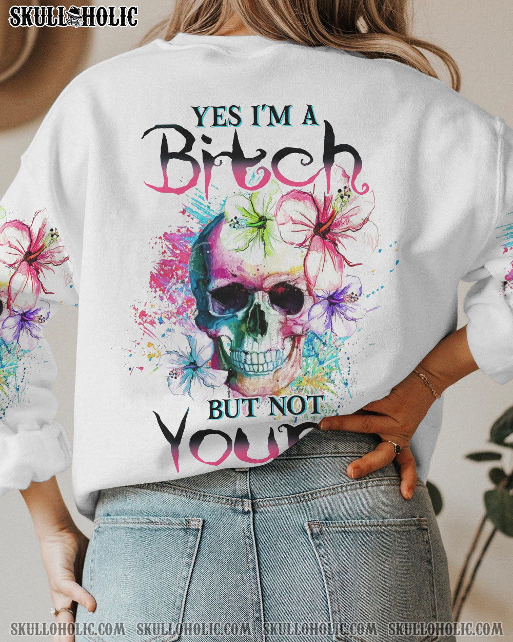 Yes I_E2_80_99m a Bitch But Not Yours Skull Floral Watercolor Graphic Tee for Women AOP Shirts _5_ utnAL