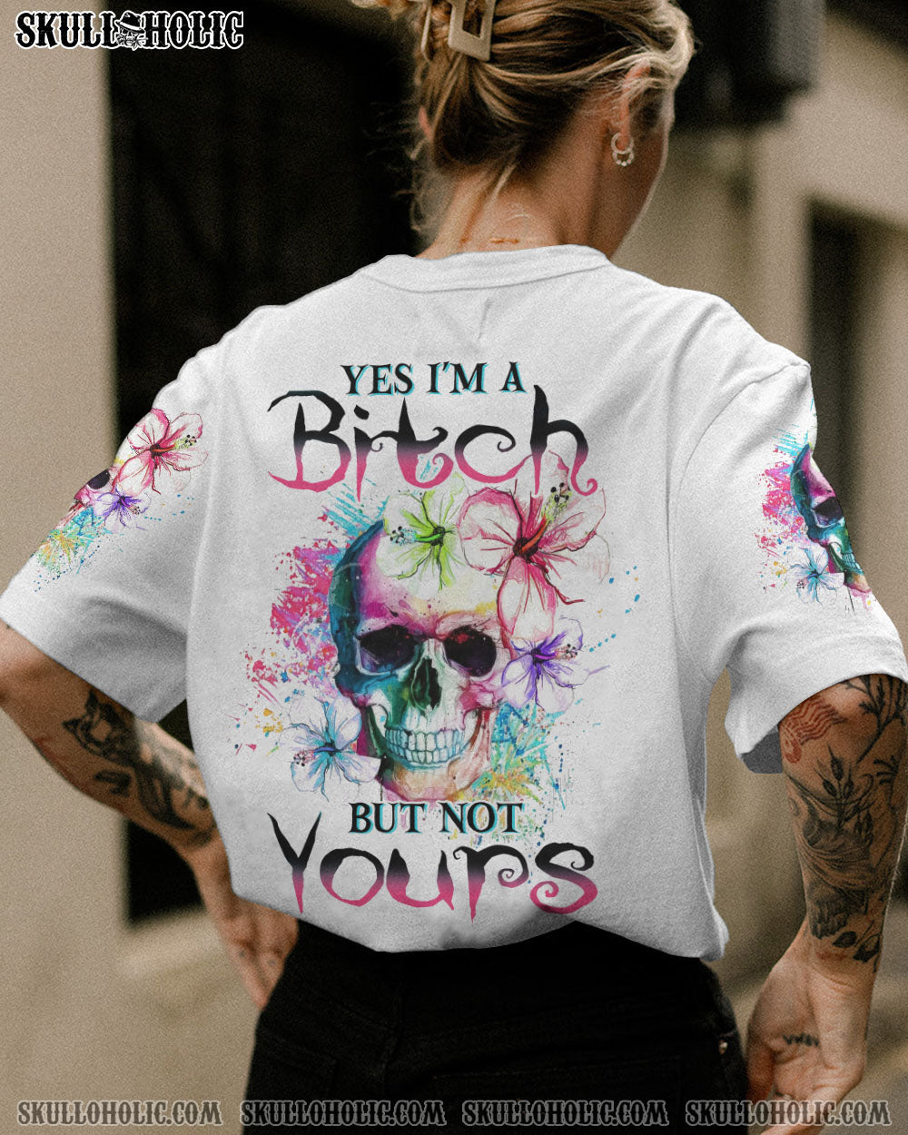 Yes I_E2_80_99m a Bitch But Not Yours Skull Floral Watercolor Graphic Tee for Women AOP Shirts _8_ 7eeVX