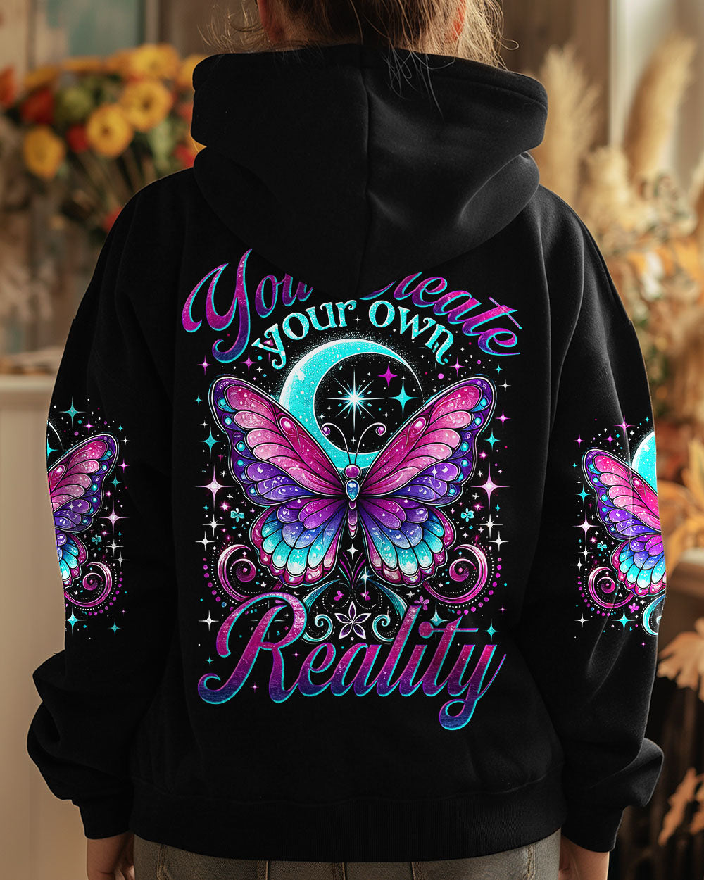 You Create Your Own Reality Purple Butterfly and Moon Spiritual Graphic AOP Shirts _7_ mo2Mc